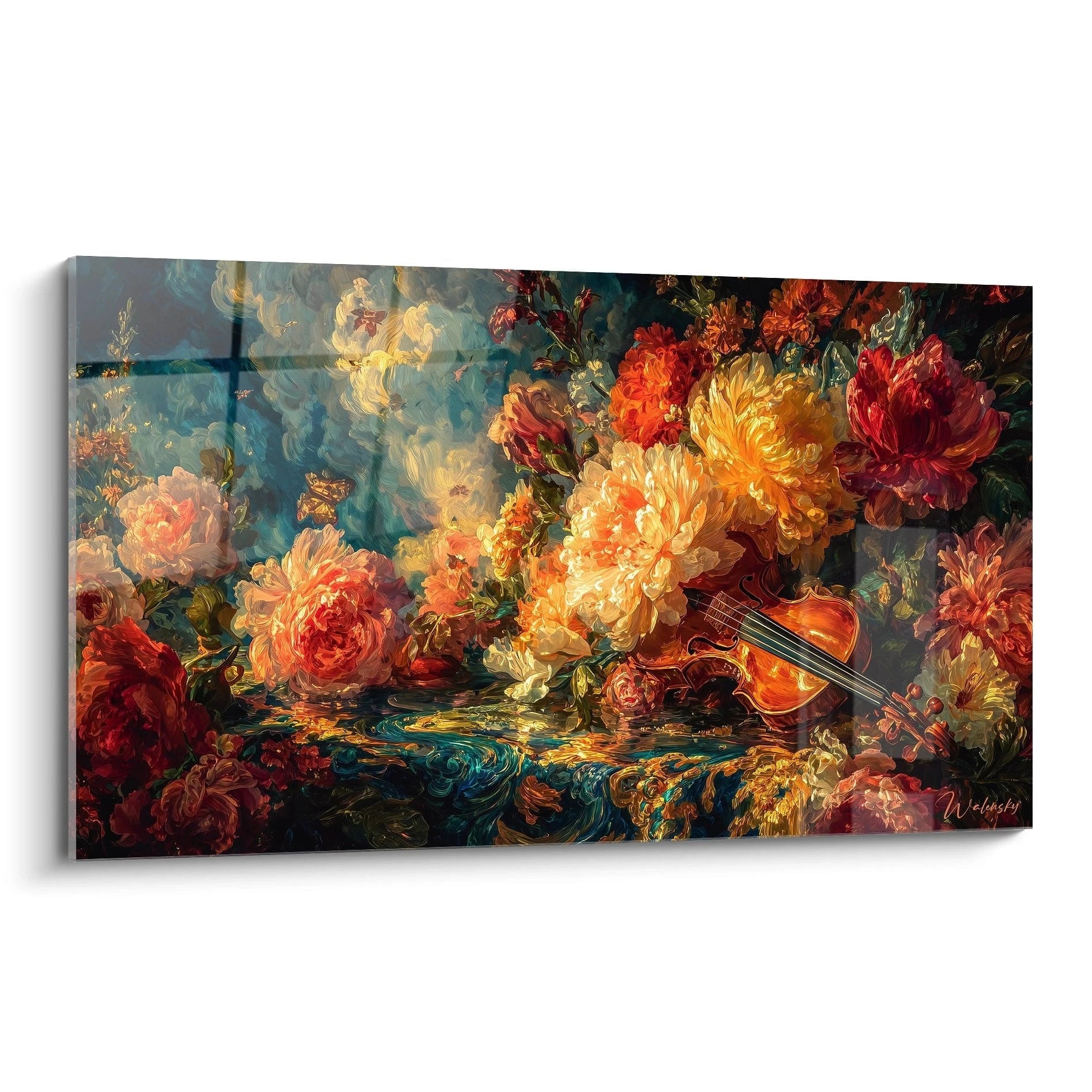 Tableau mural Walensky tableau fleurs baroque cramoisi avec bouquet luxuriant de pivoines rouges et violon