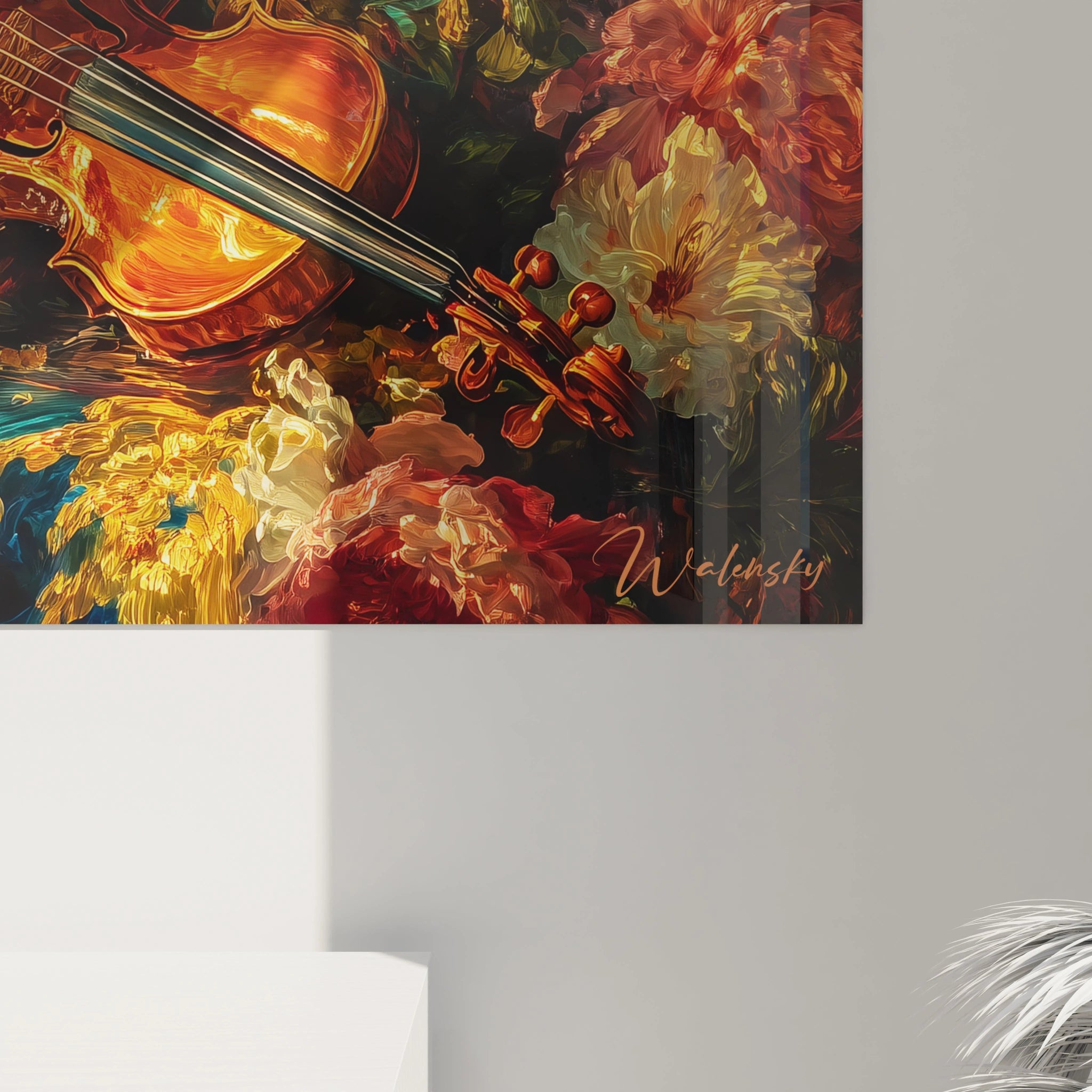 Tableau mural Walensky montrant un violon entre fleurs baroques rouges et jaunes tableau fleurs baroque cramoisi
