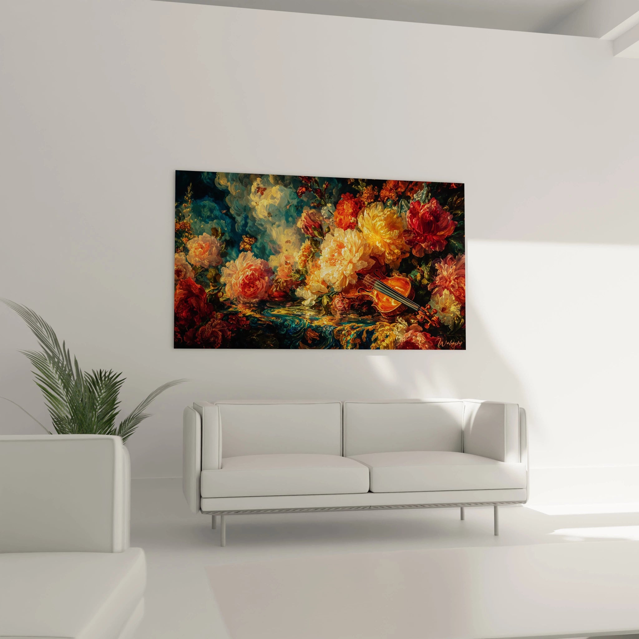 Walensky tableau mural montrant un tableau fleurs baroque cramoisi riche en fleurs et violon au dessus d un canape blanc