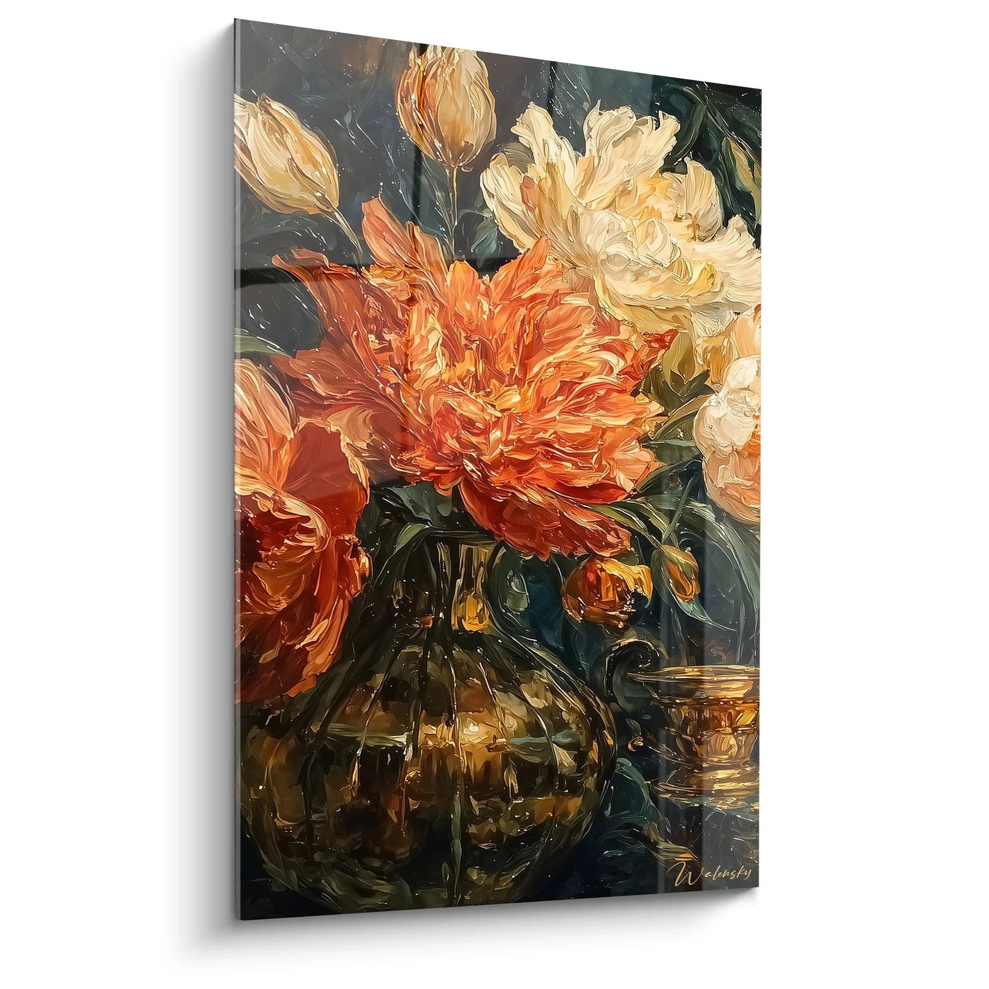 tableau fleurs orange décoration murale Walensky bouquet dans un vase en verre peinture a lhuile tons chauds