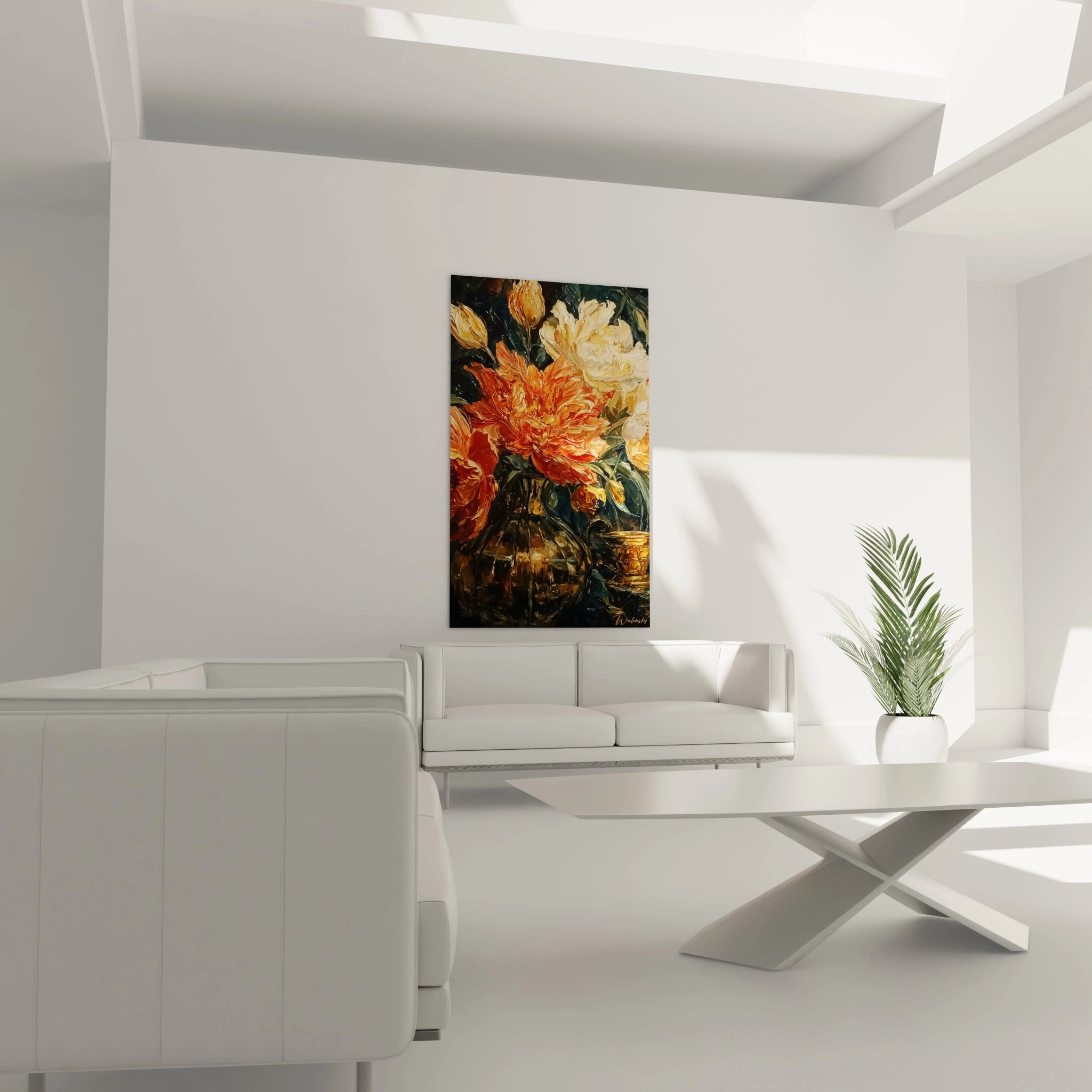 tableau fleurs orange décoration murale Walensky tableau mural vertical fleurs orange sur fond sombre dans salon blanc moderne