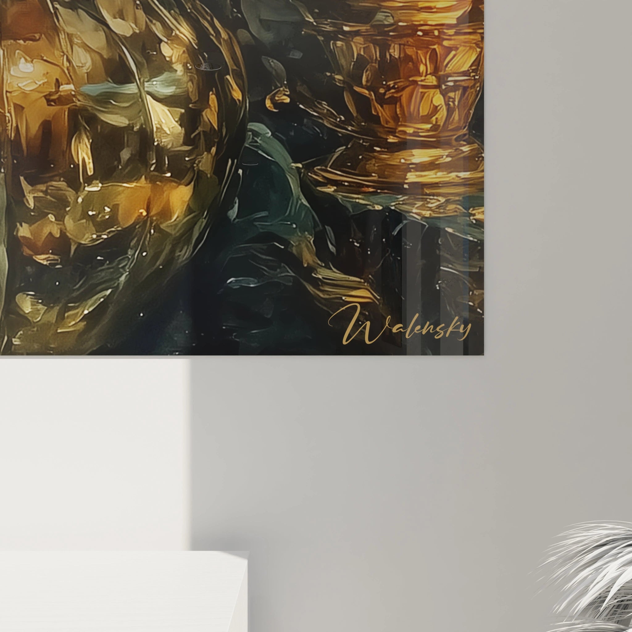 Tableau Walensky tableau fleurs orange décoration murale motifs floraux dorés et verre réfléchissant sur fond sombre