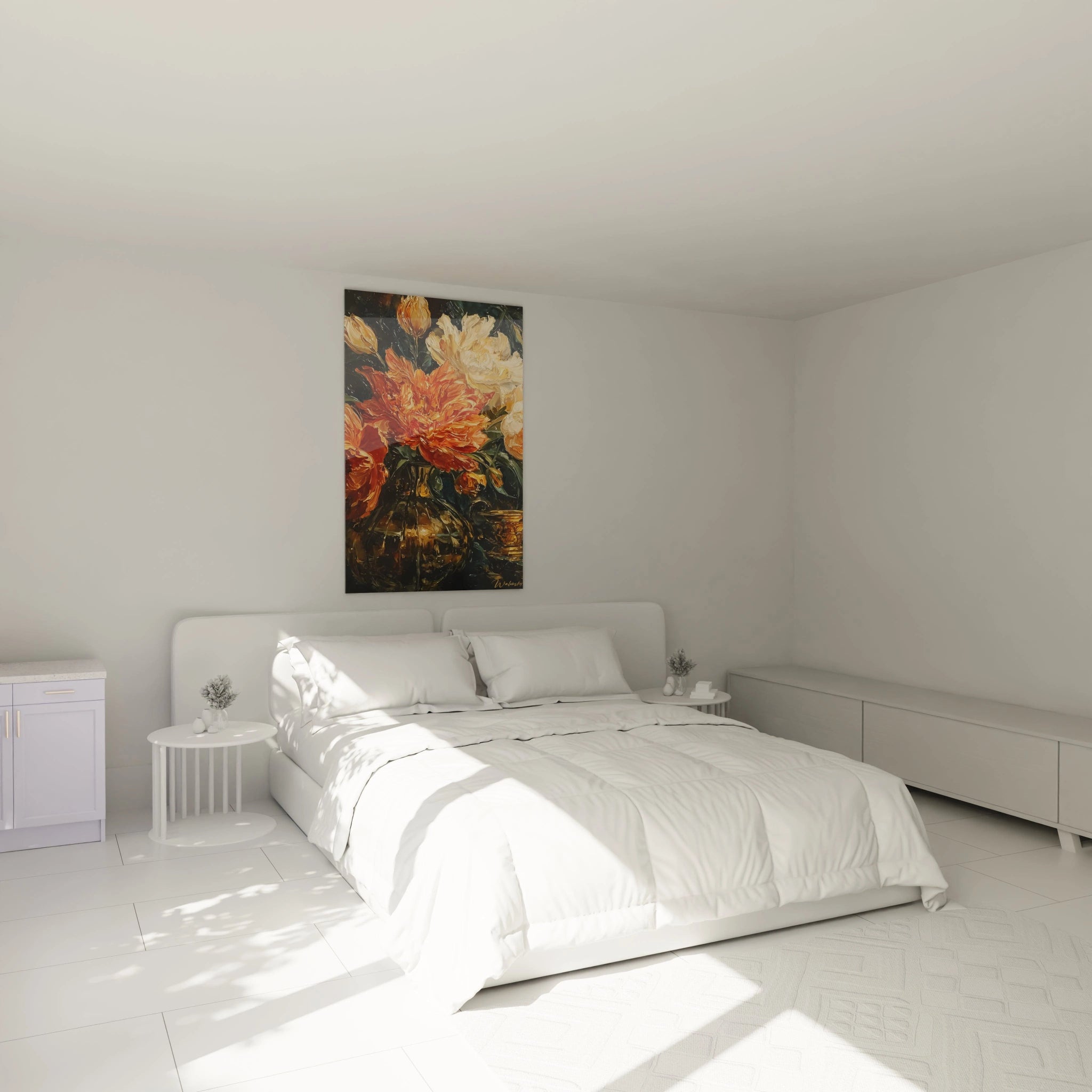 Walensky tableau fleurs orange décoration murale grand format affiché au dessus du lit blanc dans chambre minimaliste