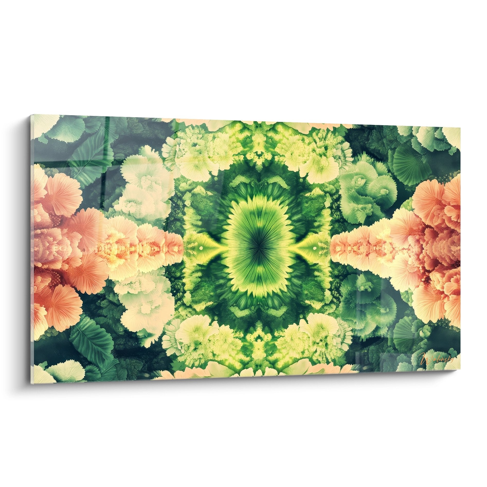 Tableau mural fleurs tropicales fractale avec hibiscus et motifs kaléidoscopiques verts et corail