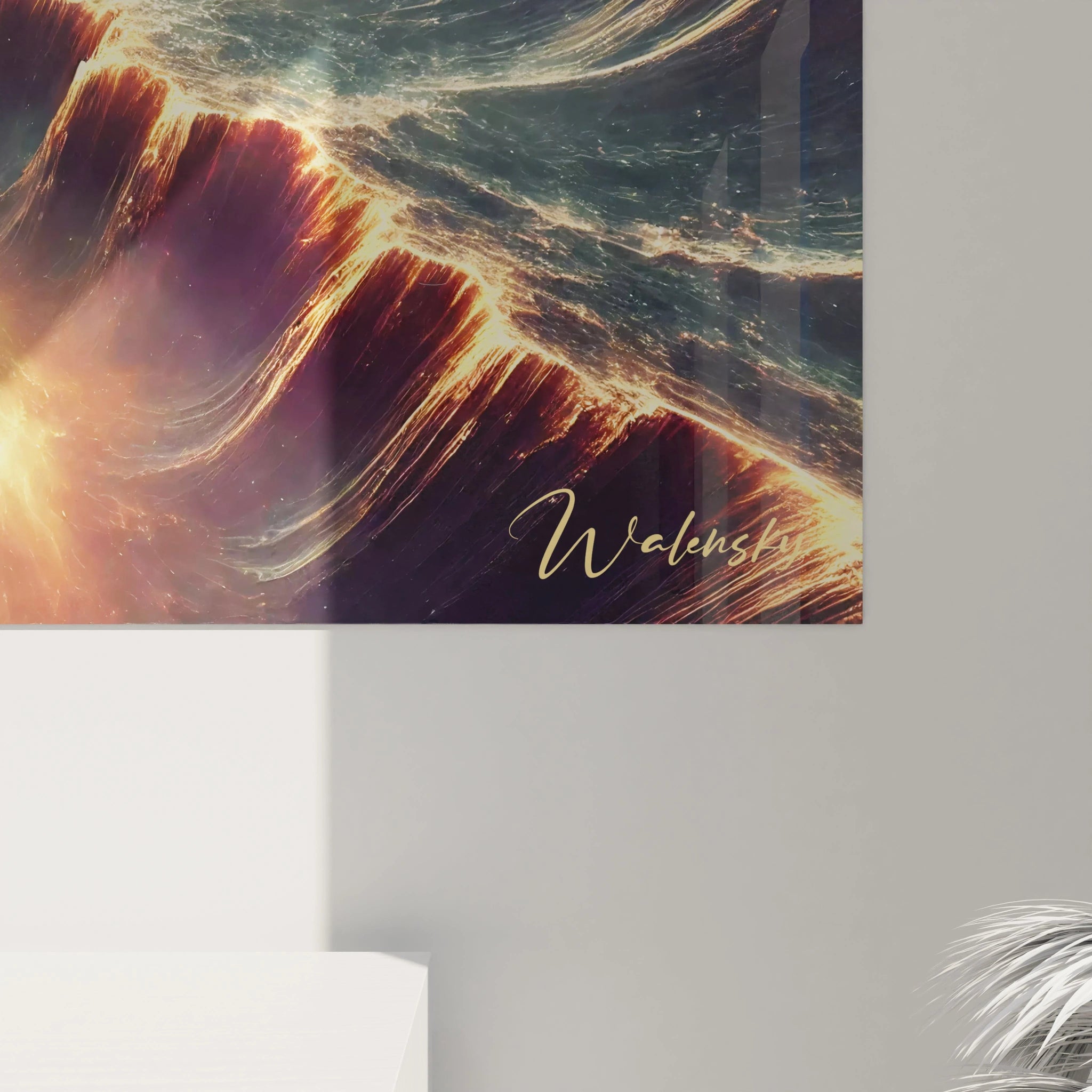 tableau espace en gros plan. Les textures ondulées, les éclats dorés et les nuances bleutées créent une impression hypnotique de mouvement perpétuel et de lumière céleste.