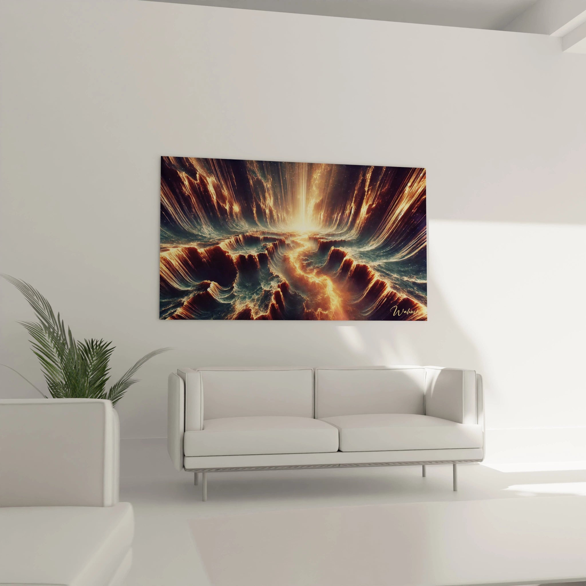 tableau espace accroché dans un salon au-dessus du canapé. Ses contrastes saisissants de noir et d'or captivent le regard, transformant l’espace en une fenêtre ouverte sur l’univers.