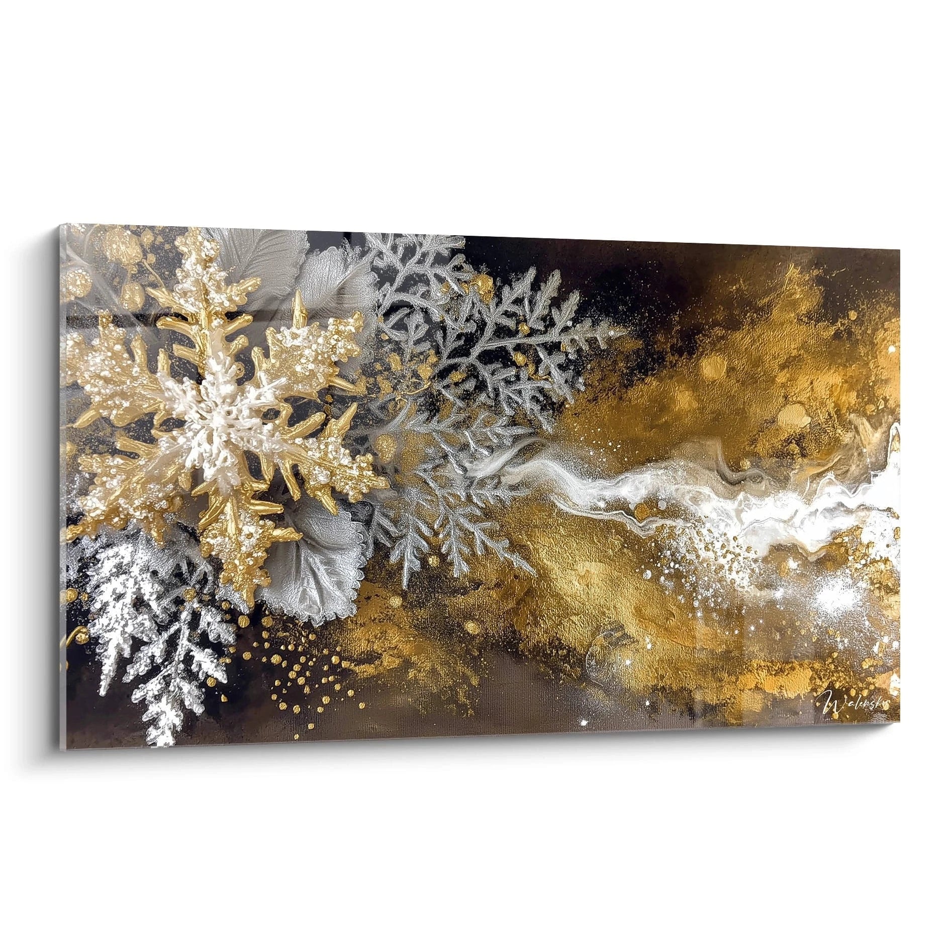 Tableau mural flocon argenté Noël avec des motifs dorés et argentés pour une décoration festive