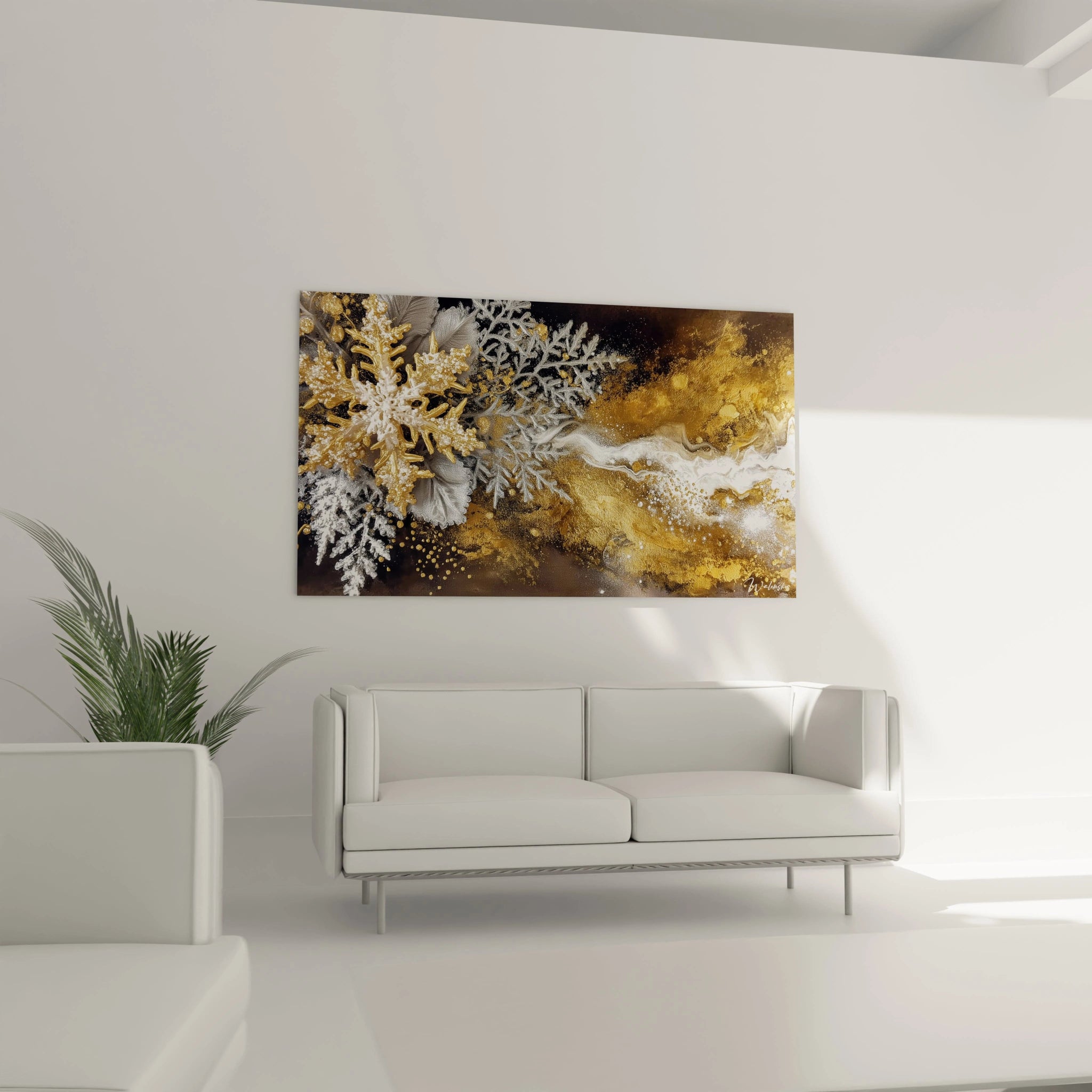 Tableau mural flocon argenté Noël avec des motifs dorés sur fond sombre pour une décoration festive