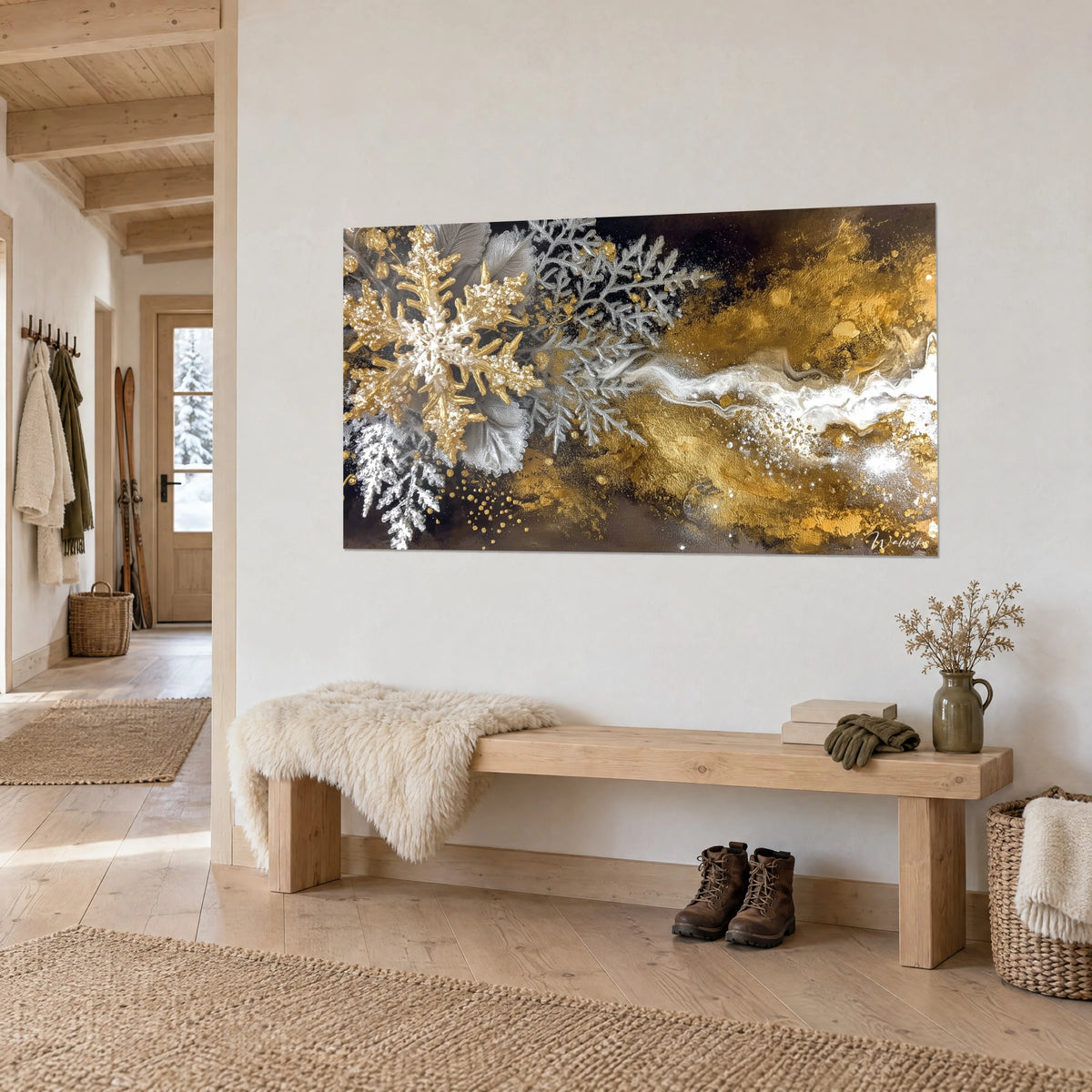 Πίνακας χρυσοί και ασημένιοι κρύσταλλοι πάγου, υφασμένα χρυσά στρώματα, κρεμώδης λευκή κορδέλα, κρεμασμένος τρίτα-τέταρτα σε ξύλινο σαλέ