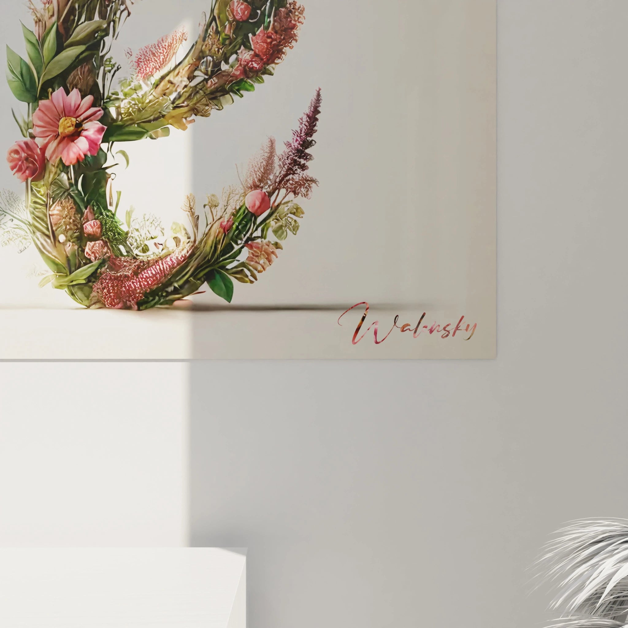 Admirez de près les détails captivants de ce tableau love. Les fleurs et feuillages minutieusement peints inspirent sérénité et émerveillement.