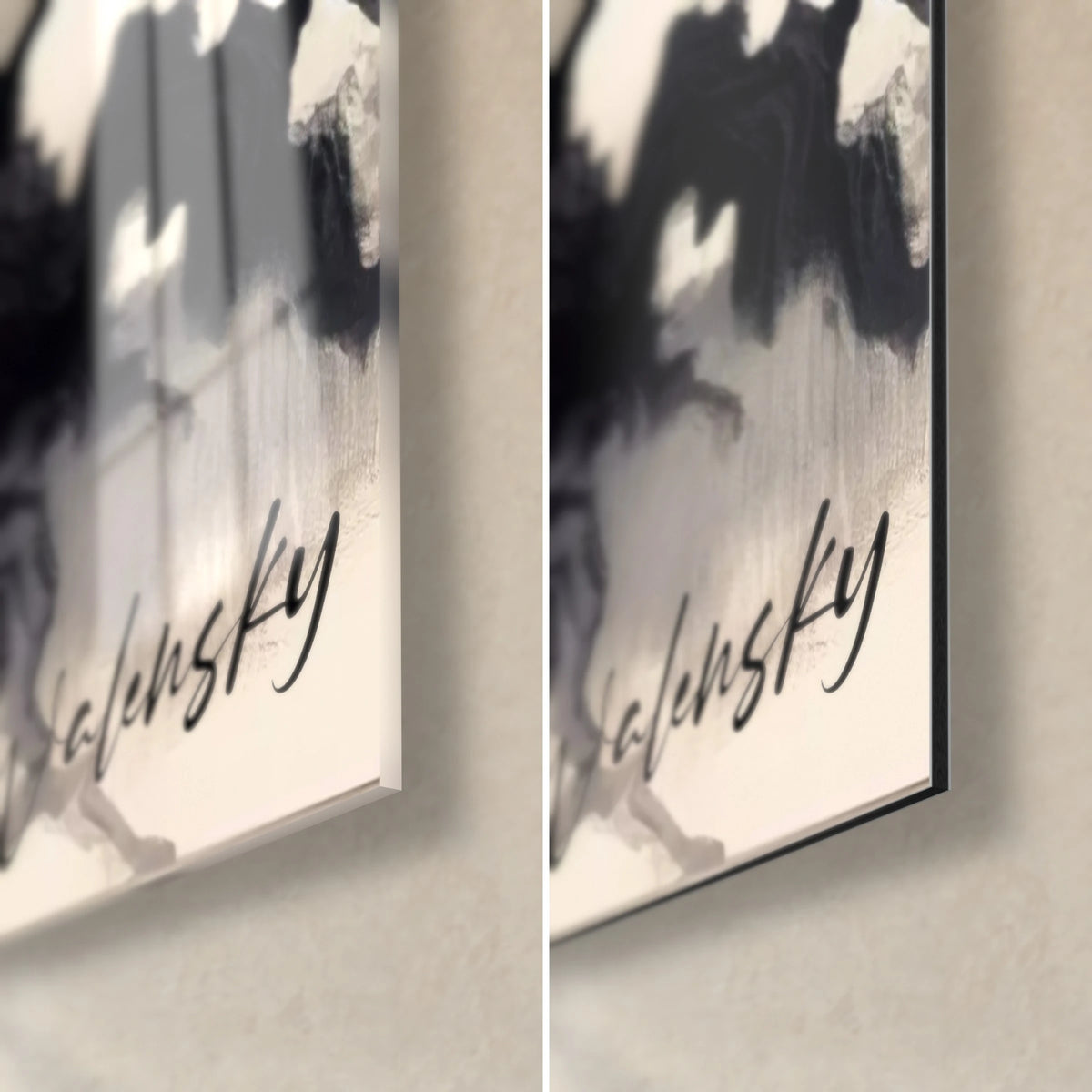 Tableau arbre fleuri sumi-e, tronc noir tourmenté et signature Walensky, coin bas droit en verre brillant et Dibond mat