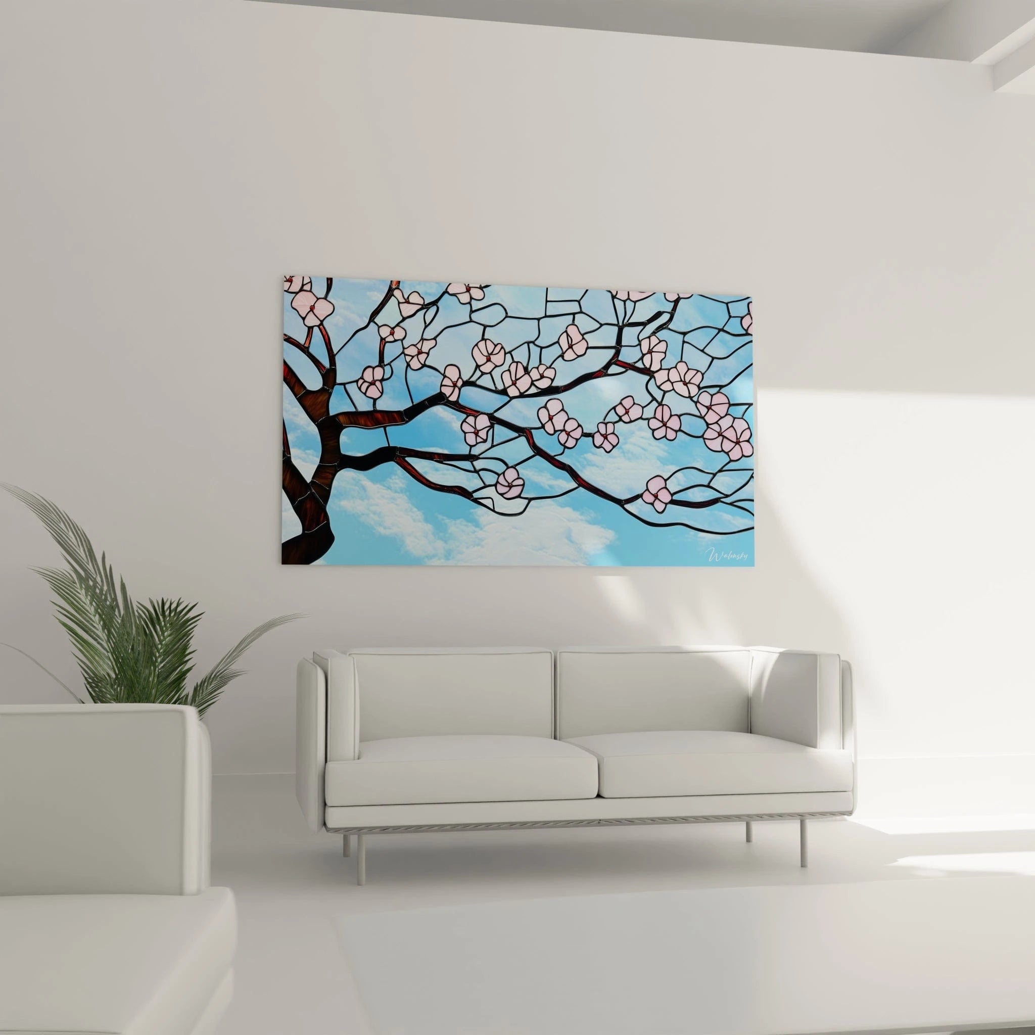 Un tableau vitrail montrant un arbre de cerisier japonais avec des branches sinueuses brunes et des fleurs roses se détachant sur un ciel bleu clair, créant un effet translucide évoquant la lumière traversant du verre coloré.