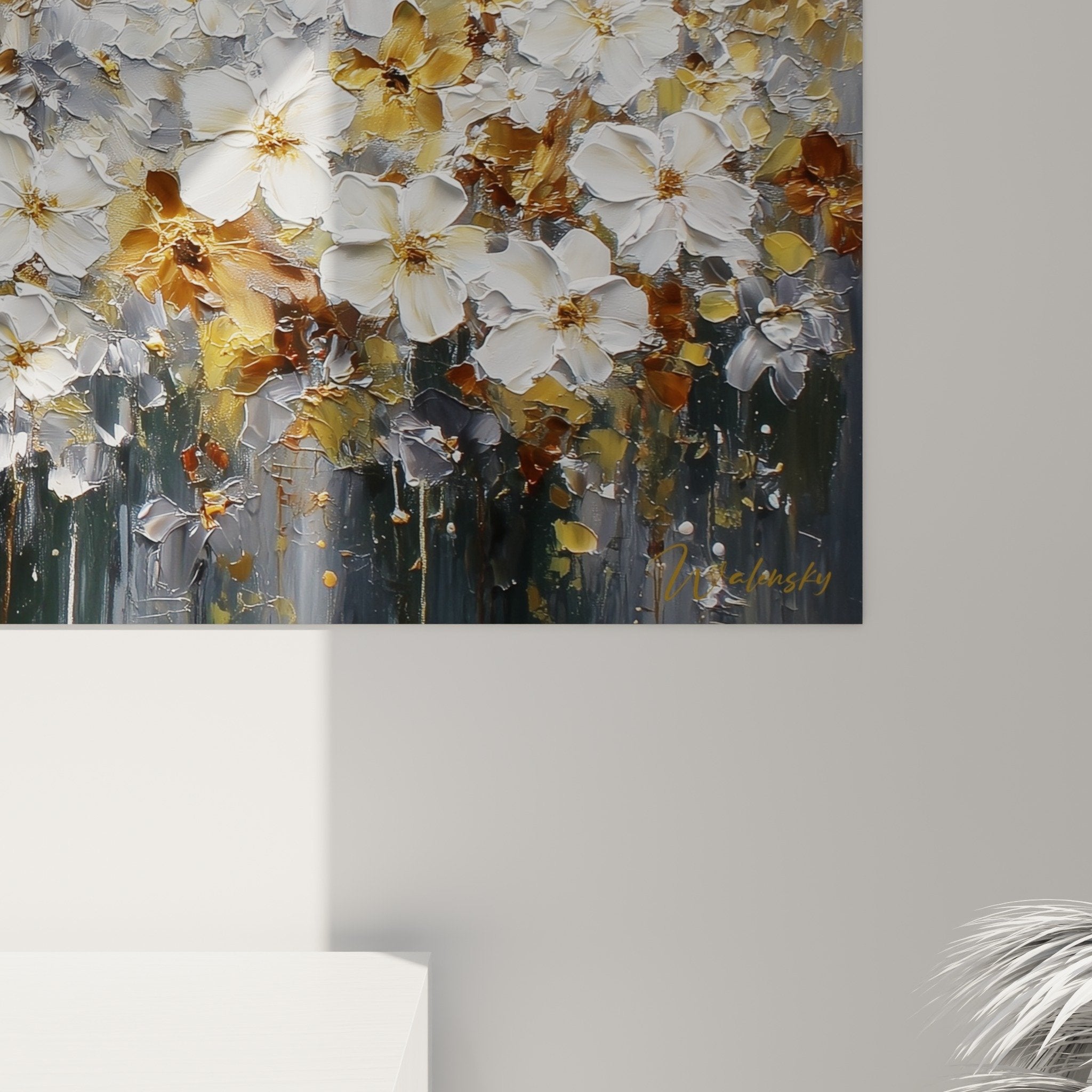 White gold gray charcoal floral wall art interior decoration feng shui west metal