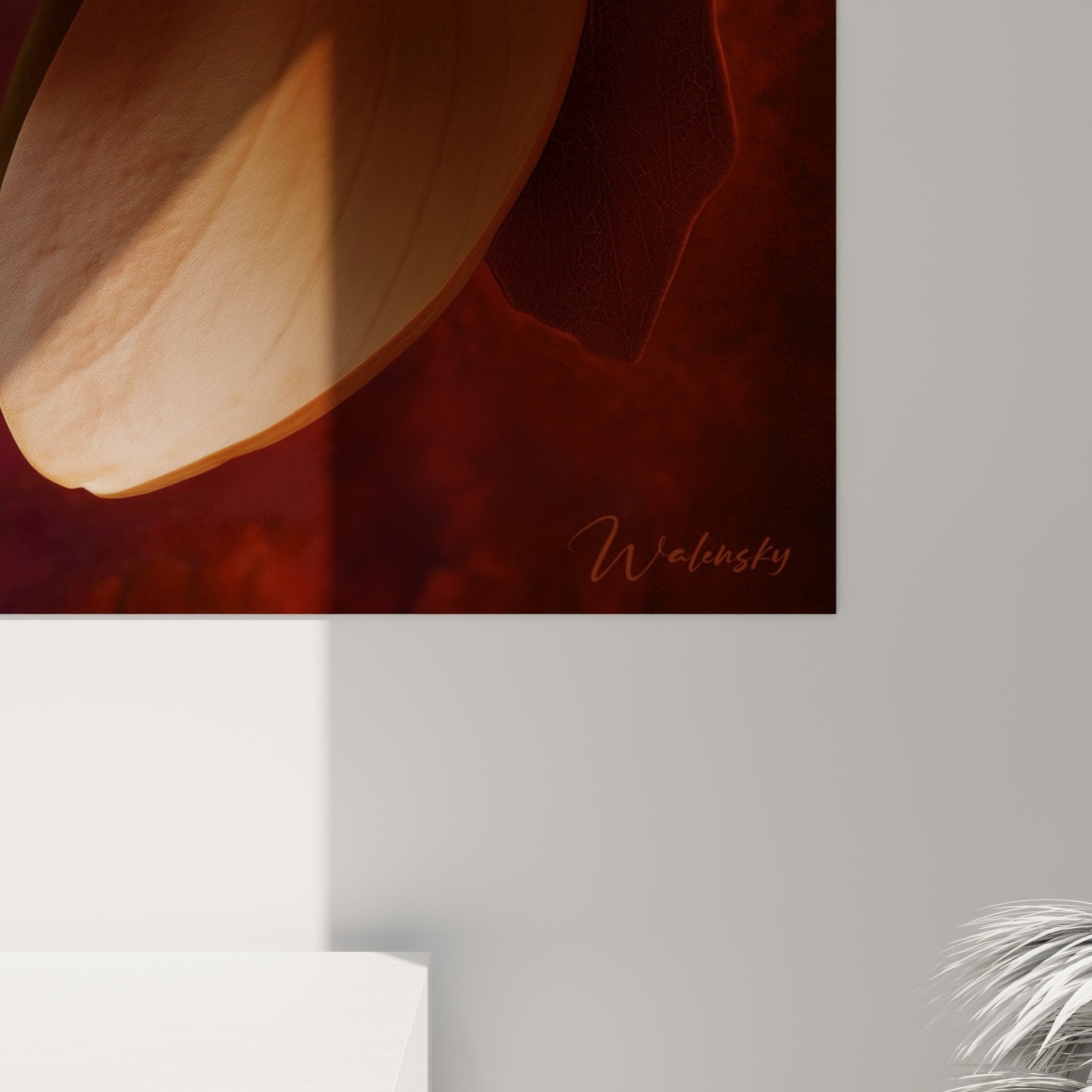 Vue ensemble tableau floral magnolia rose cuivré, décoration murale élégante et naturelle