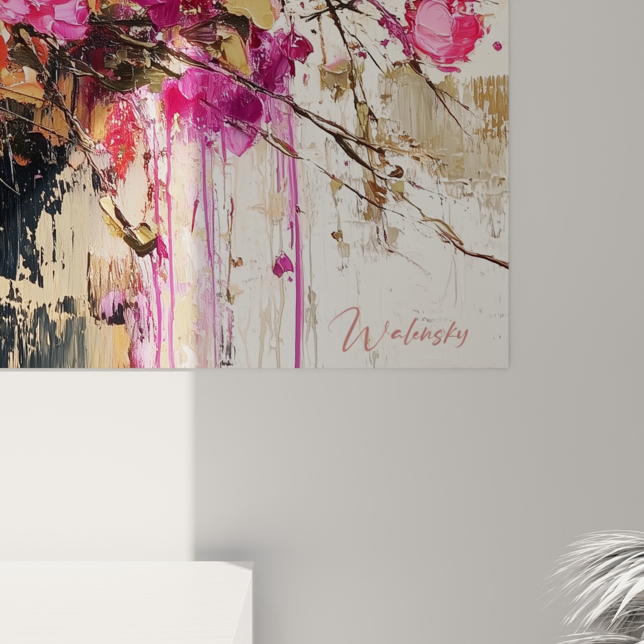 Vue ensemble tableau floral roses fuchsia salon moderne feng shui sud-est bois deco