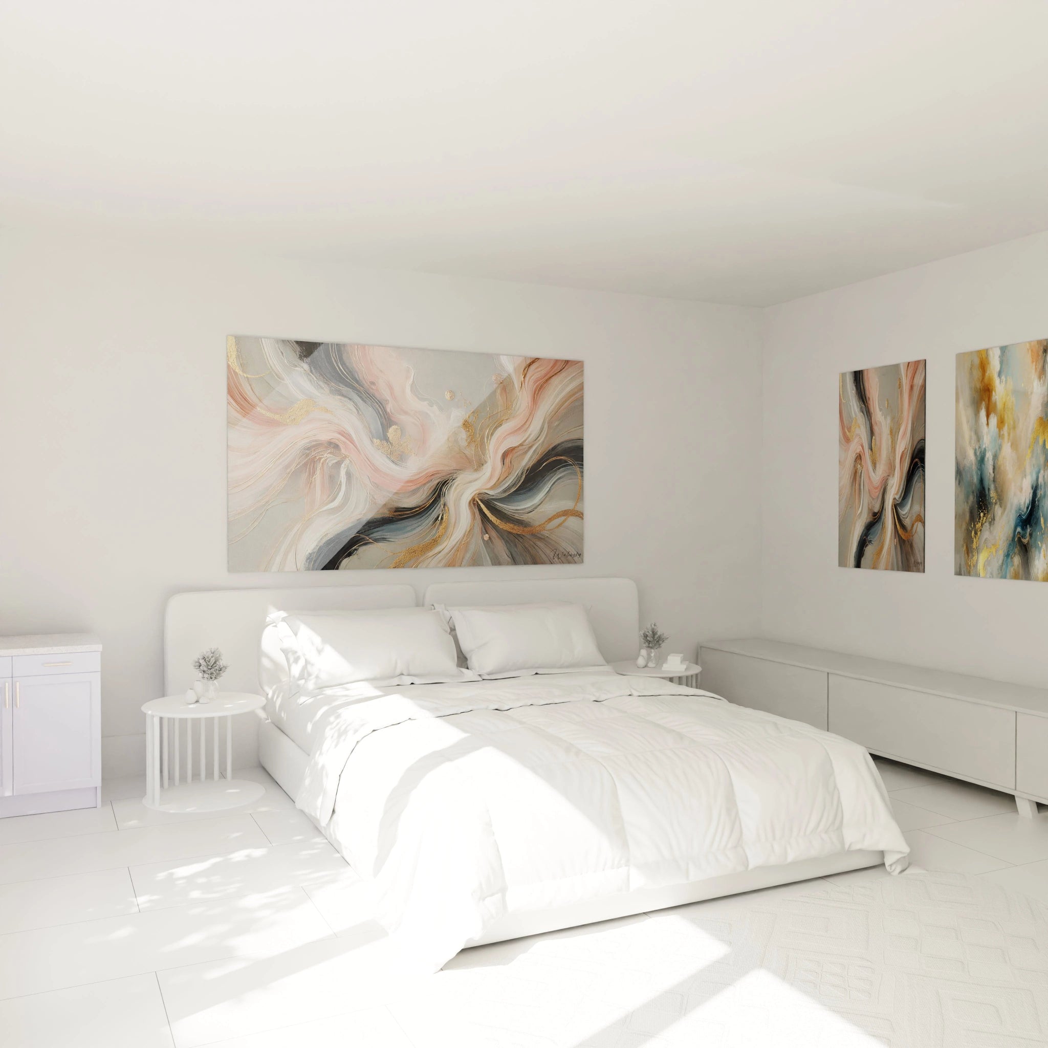 Tableau abstrait accroché dans une chambre, ajoutant une touche de douceur et d'élégance. Les courbes fluides et les tons pastel harmonisent l'espace, créant une atmosphère sereine et sophistiquée.