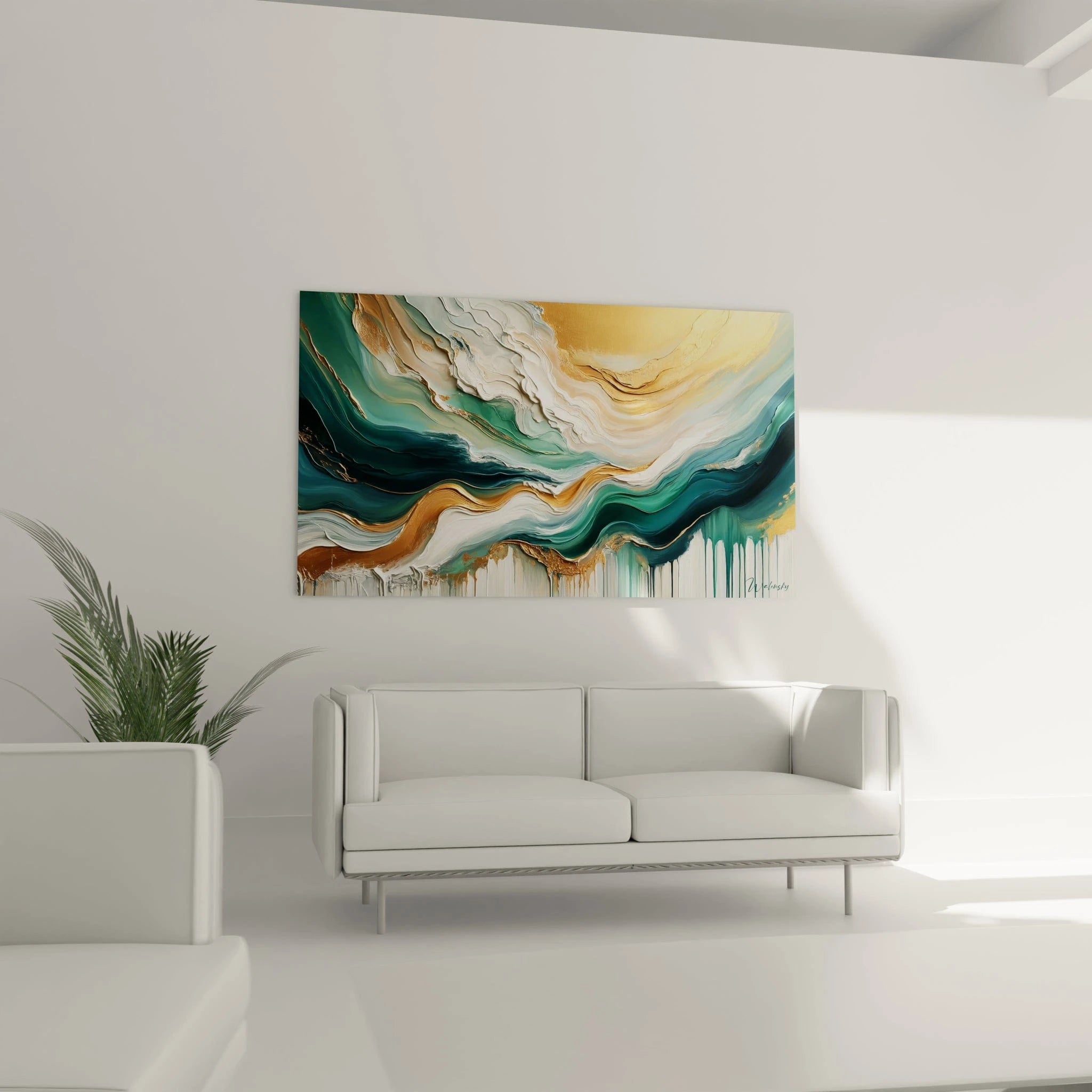 Un tableau abstrait évoquant un paysage côtier stylisé en strates. Les couleurs principales sont vert jade, or brillant, blanc pur et beige doré. La texture montre des couches épaisses de peinture formant des lignes ondulantes horizontales aux reflets métalliques, avec des effets de gouttes et de coulures en bas de la composition.