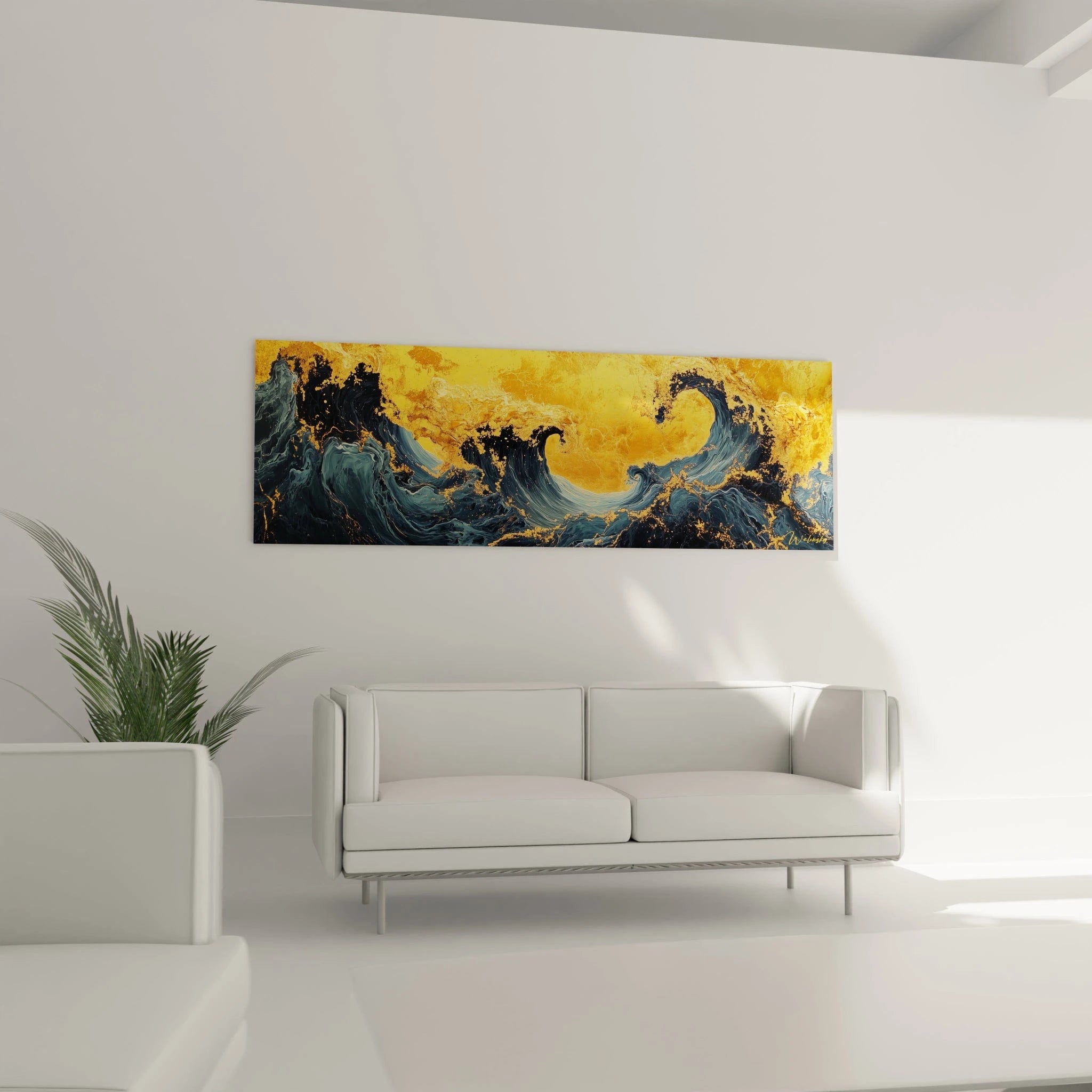 Tableau expressionniste abstrait de Walensky avec des vagues dorées sur fond sombre