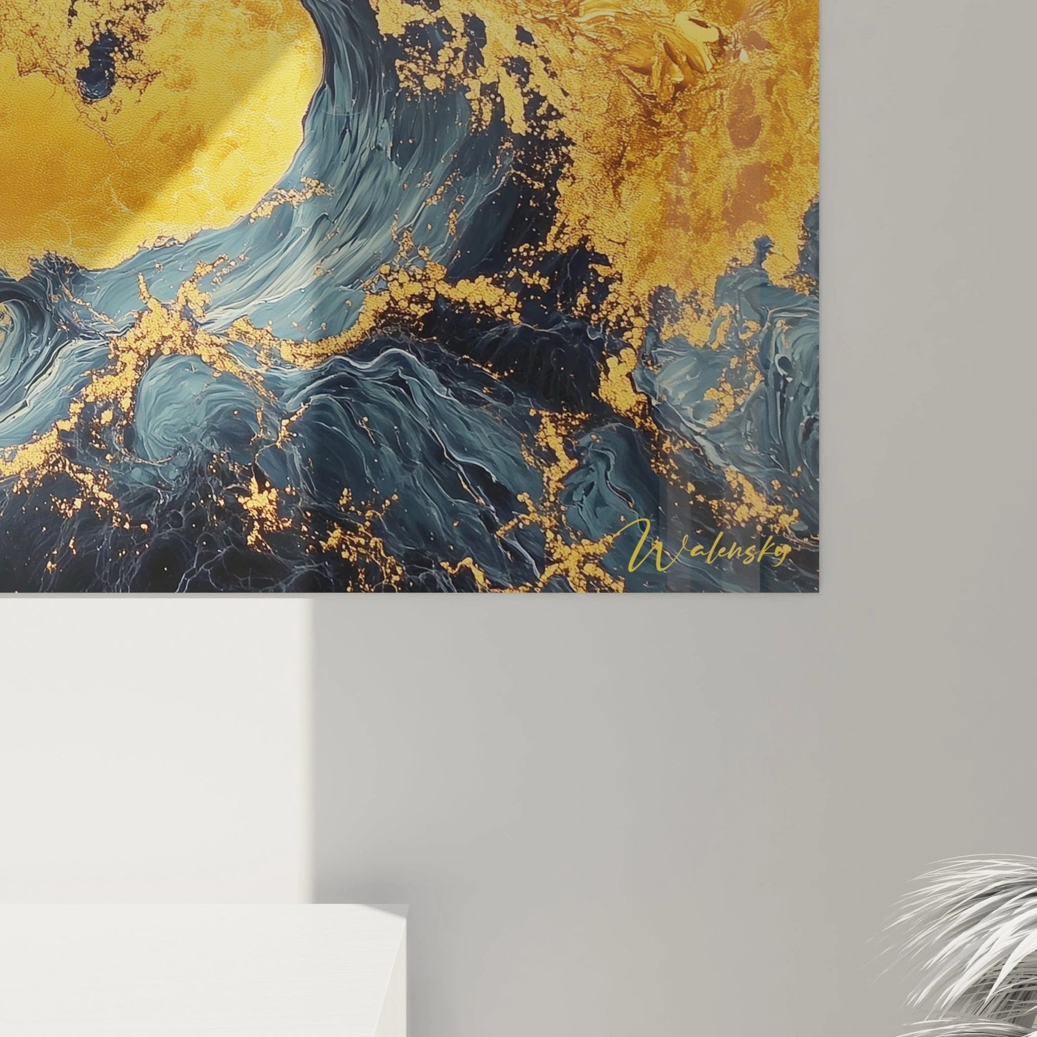 Tableau expressionniste abstrait de Walensky avec des nuances dorées et bleues pour une décoration moderne