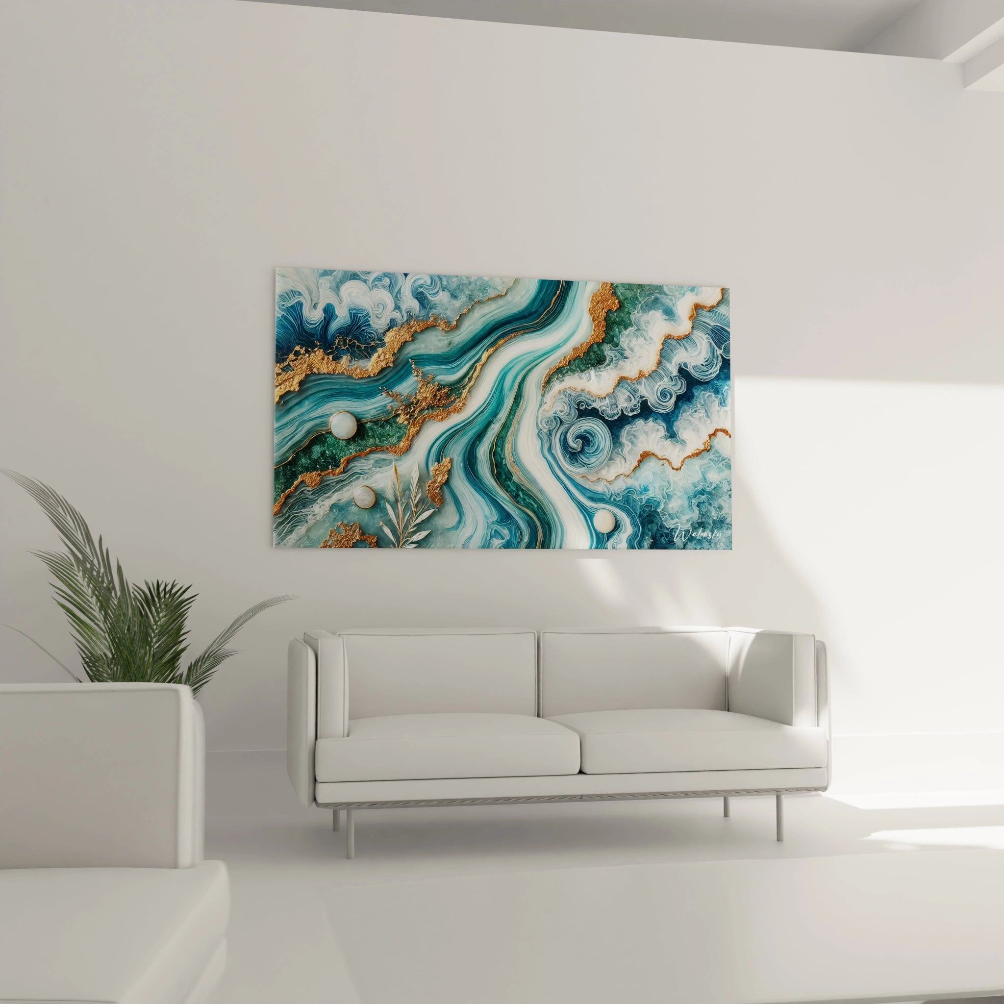Dans le salon, au-dessus du canapé, ce tableau style epoxy transforme l’espace avec ses vagues mouvementées et ses éclats dorés. Une fusion parfaite entre calme, énergie et modernité dans un cadre contemporain tableau style epoxy.