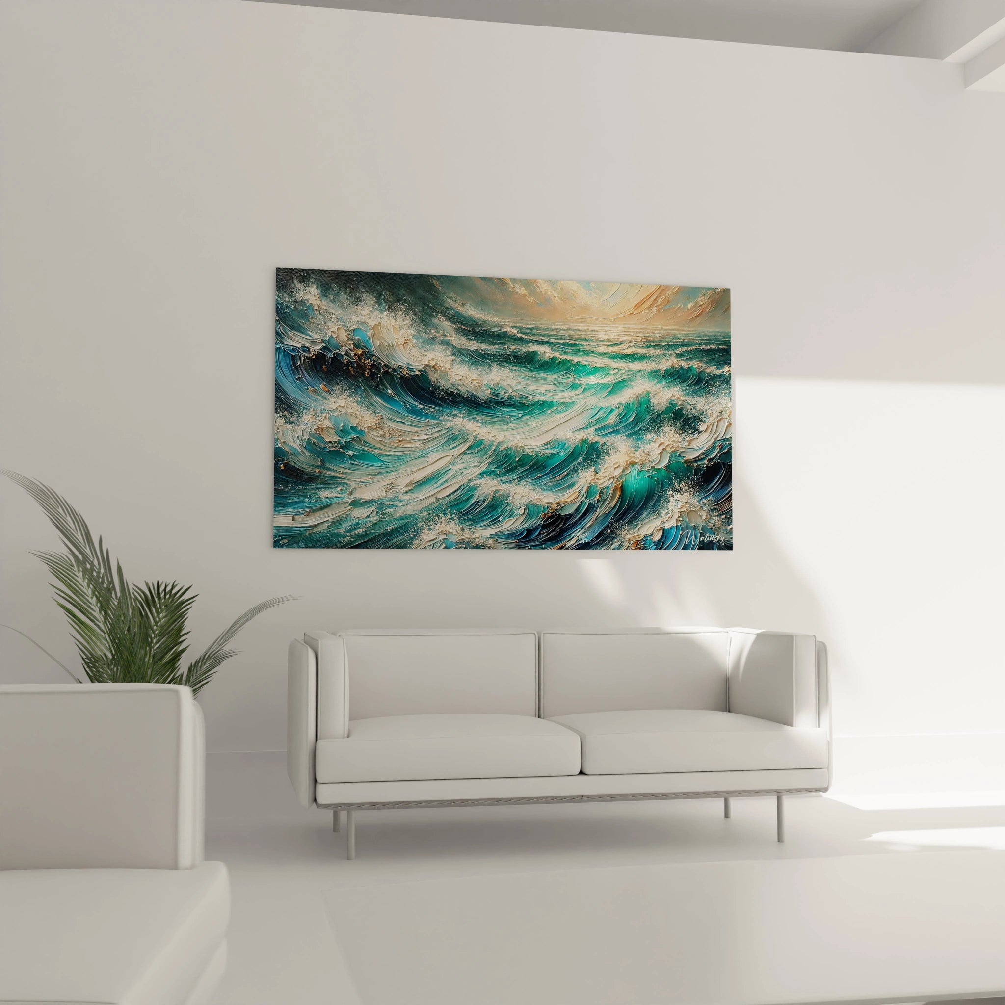 Dans le salon, ce tableau Mer sublime votre décoration, ajoutant une ambiance dynamique et apaisante grâce aux nuances de bleu et de turquoise.