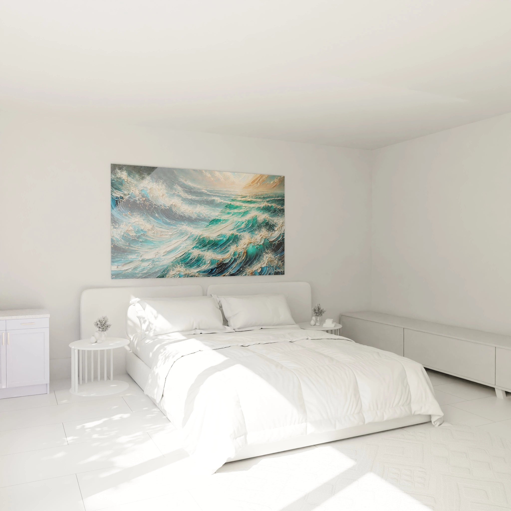 Accroché au-dessus du lit, ce tableau Mer apporte une touche contemporaine à votre chambre, transformant votre espace en un havre de paix inspiré par l'océan.