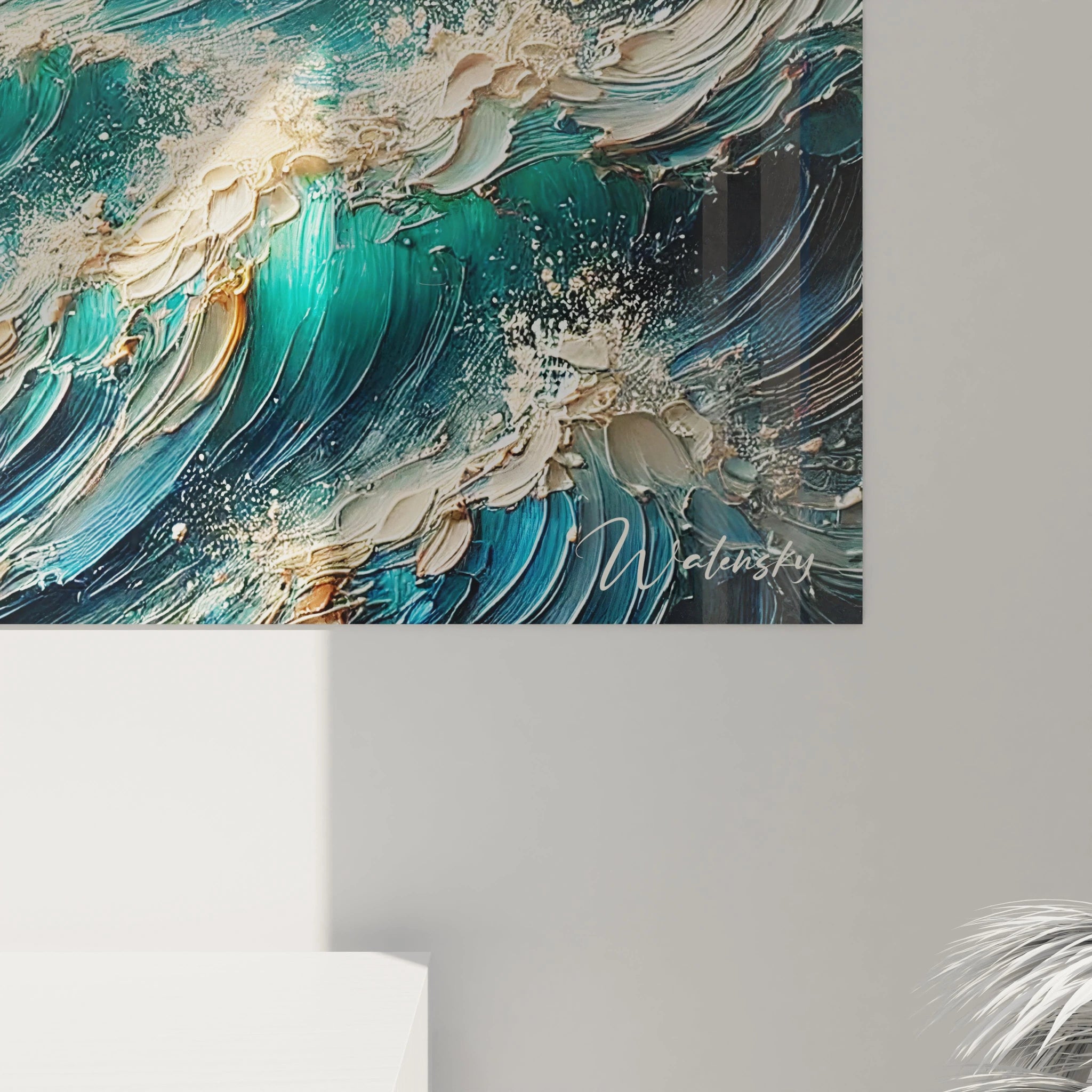 Cette vue de près du tableau Mer révèle les textures vibrantes des vagues, vous plongeant dans la puissance hypnotique de l'océan à chaque regard.