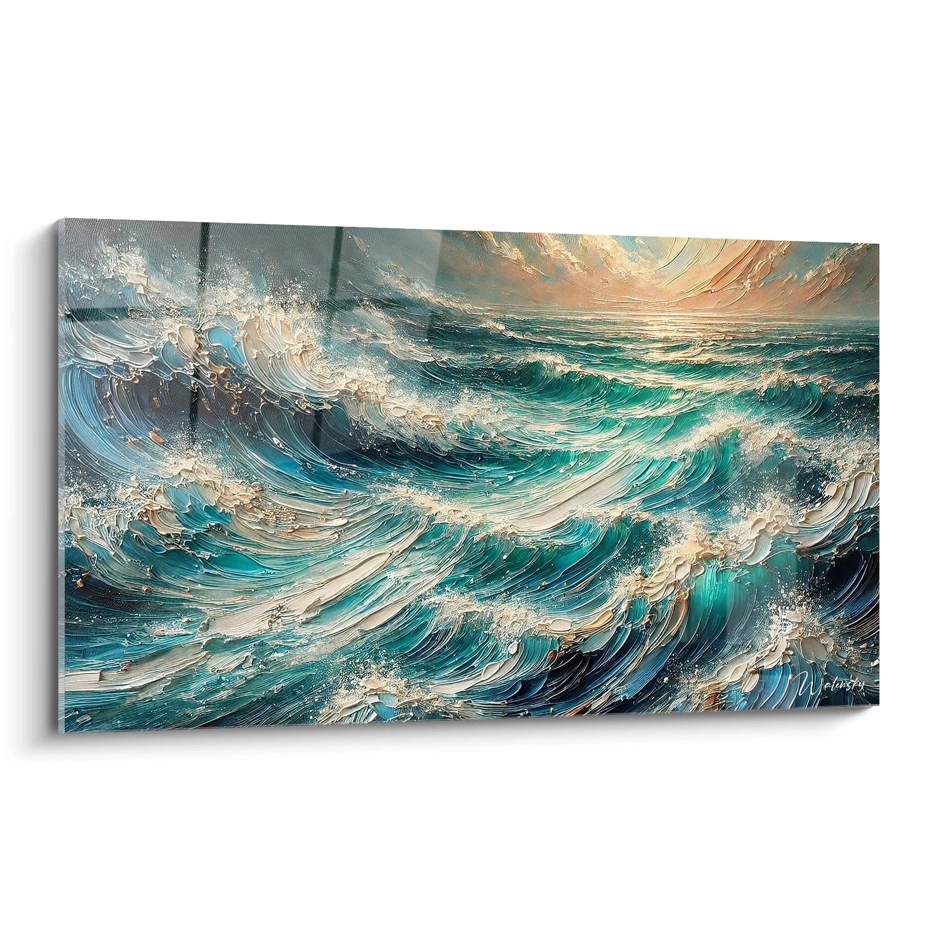 Ce tableau Mer capture l'énergie sauvage de l'océan en tempête, avec des vagues dansantes et des couleurs vives qui dynamisent votre espace.