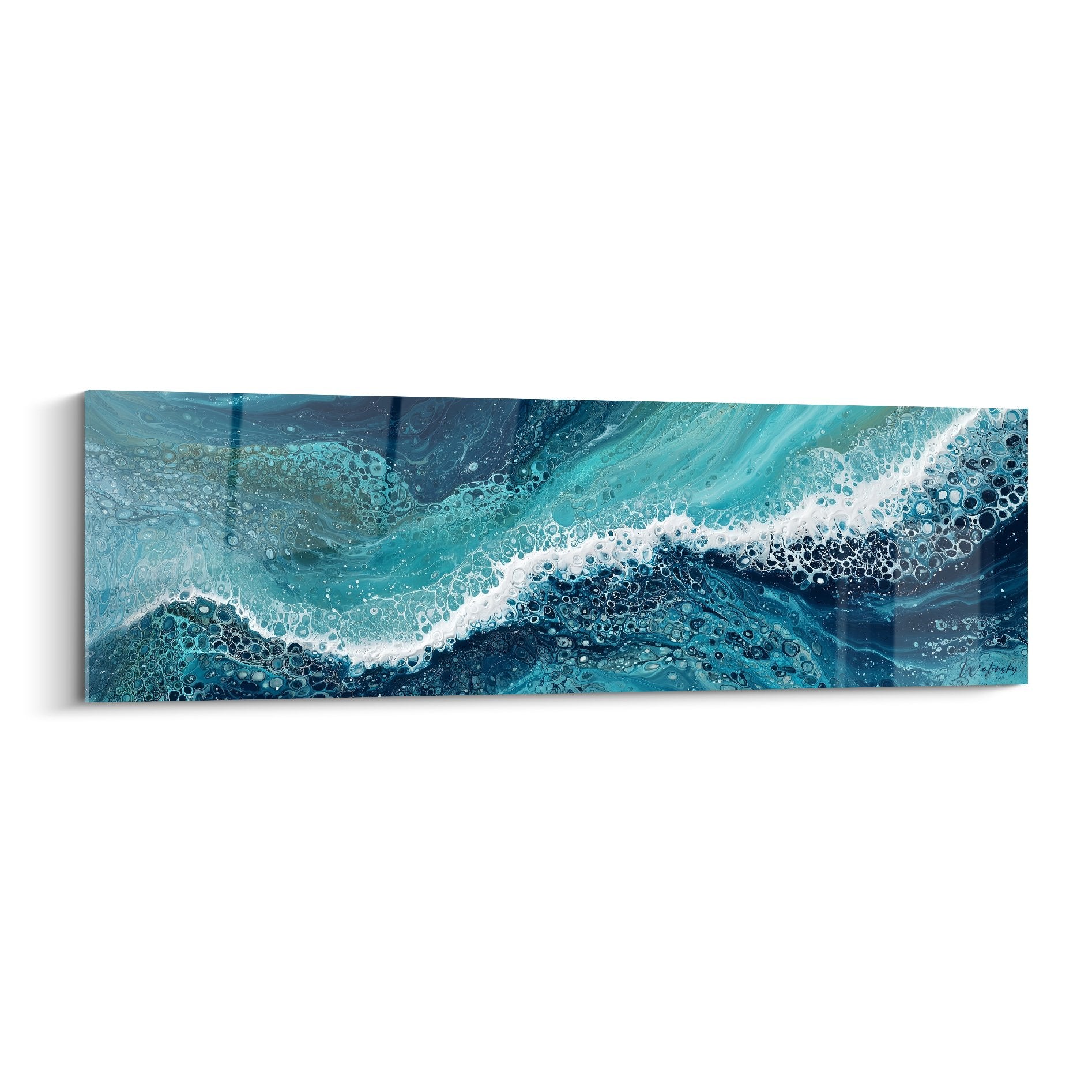 Turquoise flows painting with crystalline bubbles oceanic movement feng shui north water wall decor