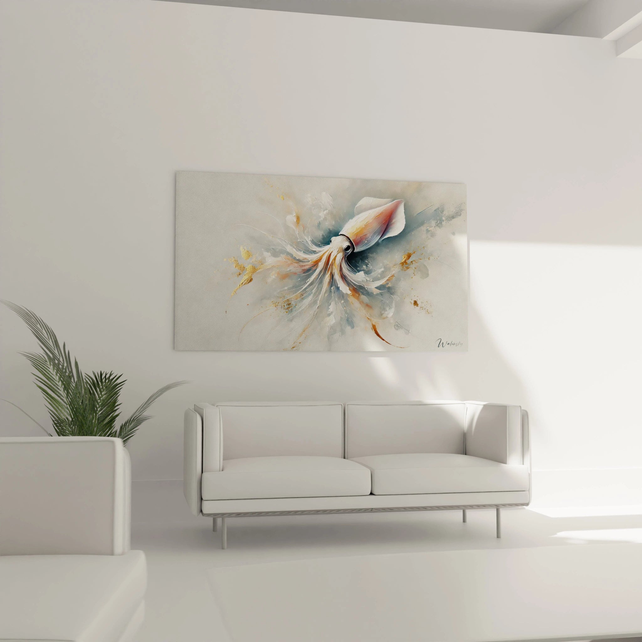 Dans le salon, ce tableau calamar geant se place avec finesse au-dessus du canapé, ajoutant une note de raffinement et un souffle de nature à votre espace de vie.