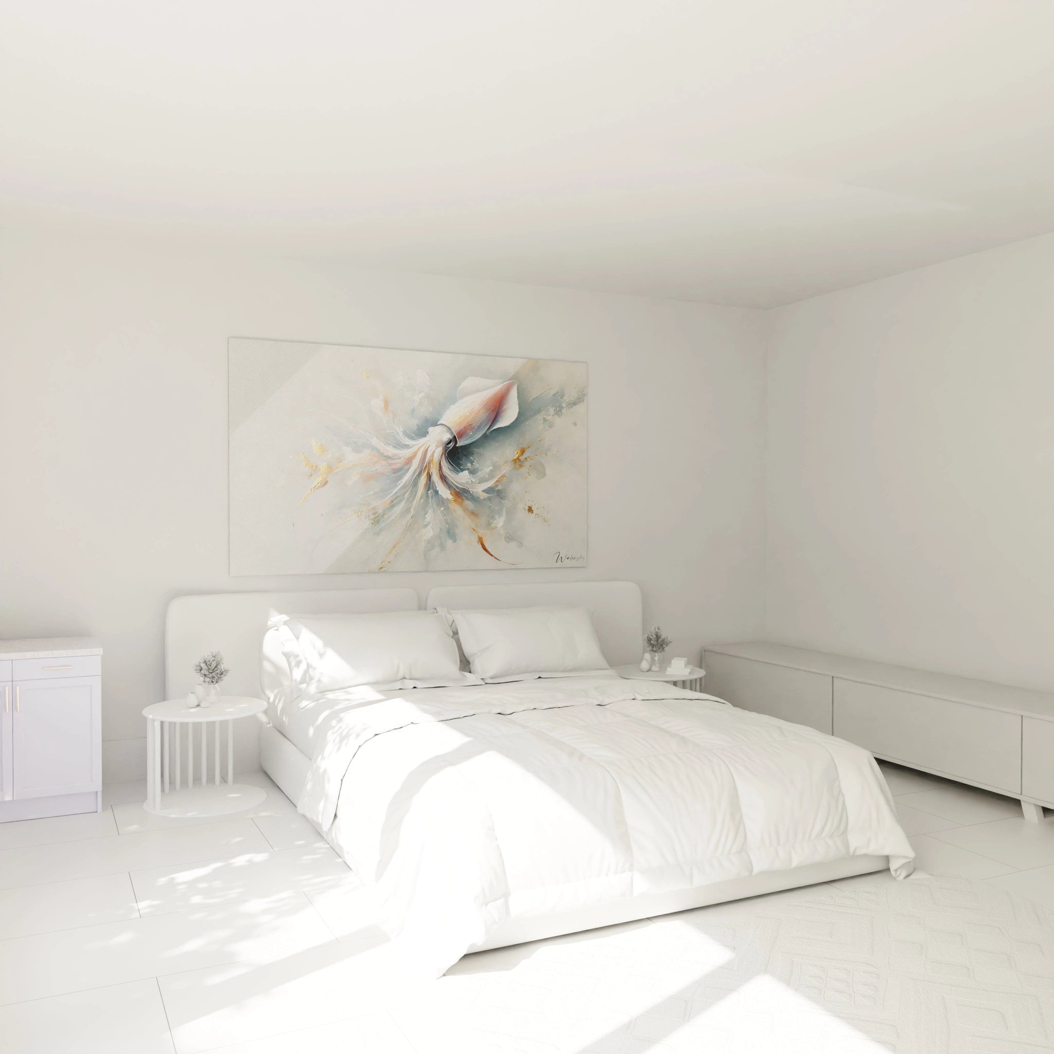 Accroché au-dessus du lit, ce tableau calamar geant apporte une touche d'élégance et de légèreté à la chambre, créant une atmosphère relaxante et contemporaine.
