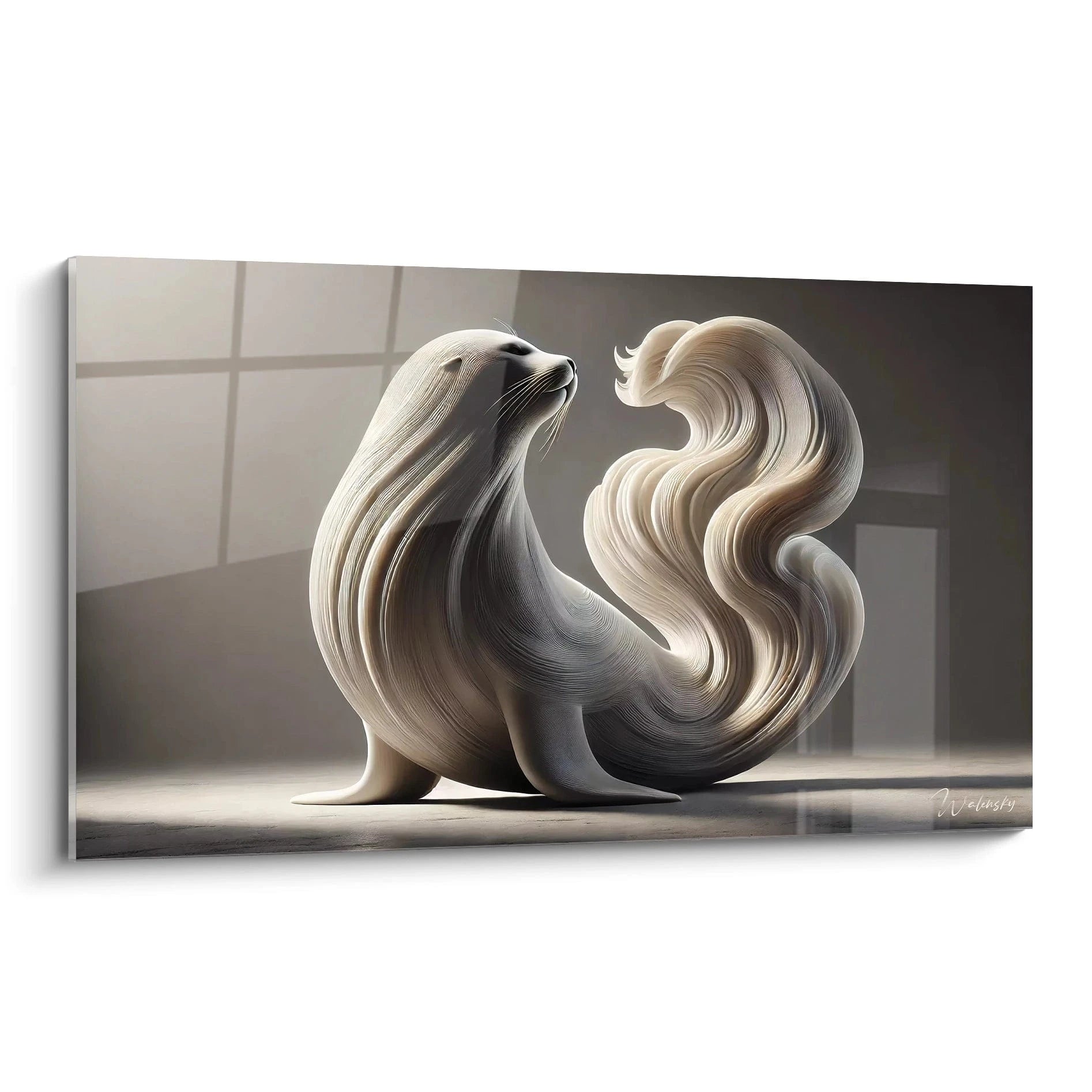 tableau phoque vu de biais une oeuvre contemporaine ou les courbes et la douceur de la fourrure sont mises en valeur capturant la grace naturelle du mammifere marin dans un style abstrait et apaisant