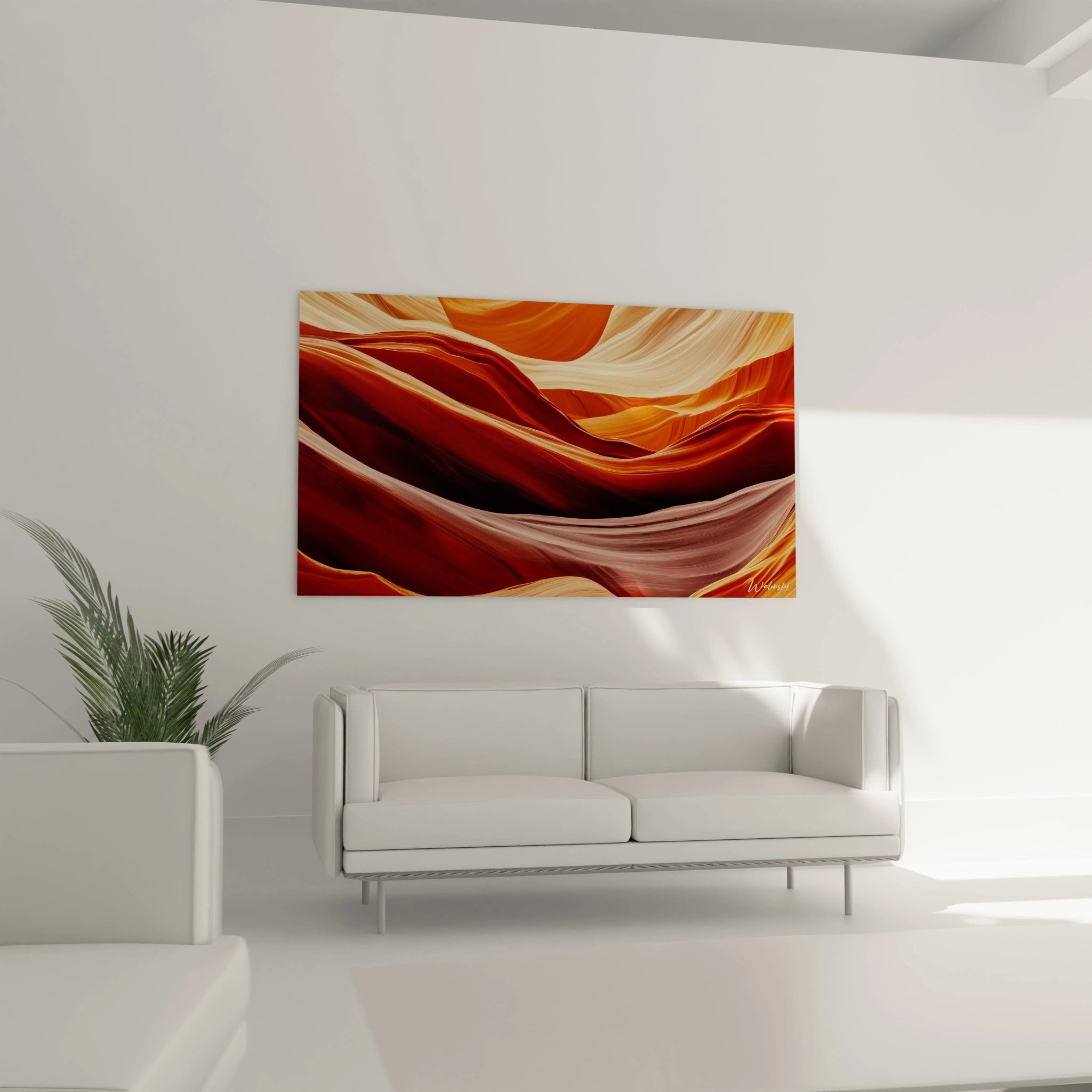 Un tableau géologique capture l'intérieur d'un canyon aux parois sinueuses et lisses, révélant une palette de couleurs terreuses allant du rouge brique à l'orange doré et au beige sablé, où la lumière semble émaner des strates ondulantes elles-mêmes.