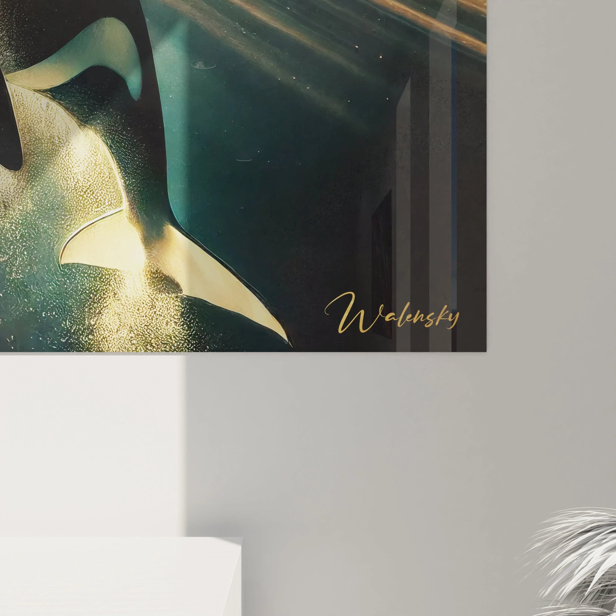 Une vue de près de ce tableau orque montre les détails captivants de l'orque et la lumière dorée, accentuant la texture et la profondeur de cette œuvre marine.