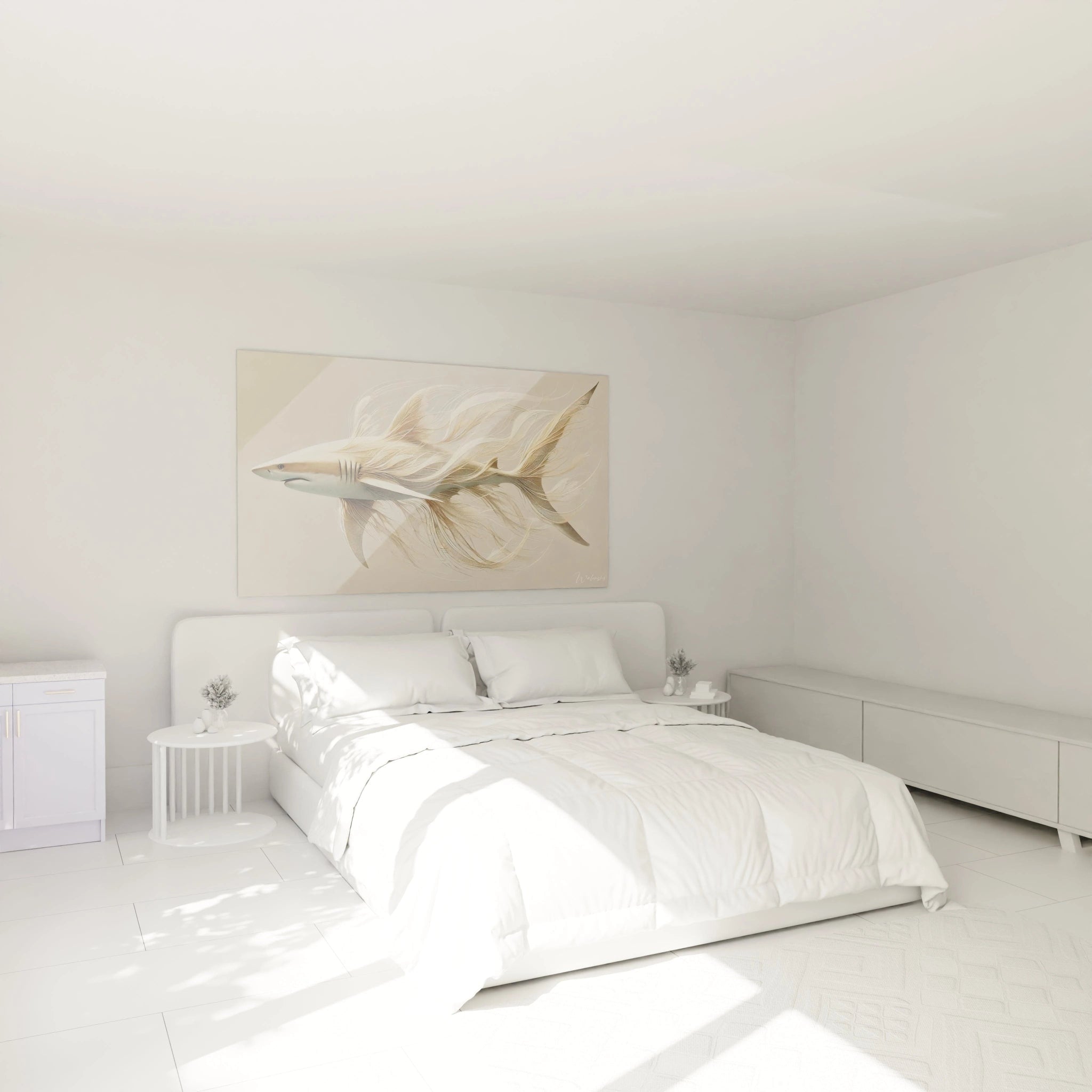 tableau requin au dessus du lit dans une chambre ambiance marine nuances douces et contrastes subtils ajoutant une touche mysterieuse et artistique a votre espace repos