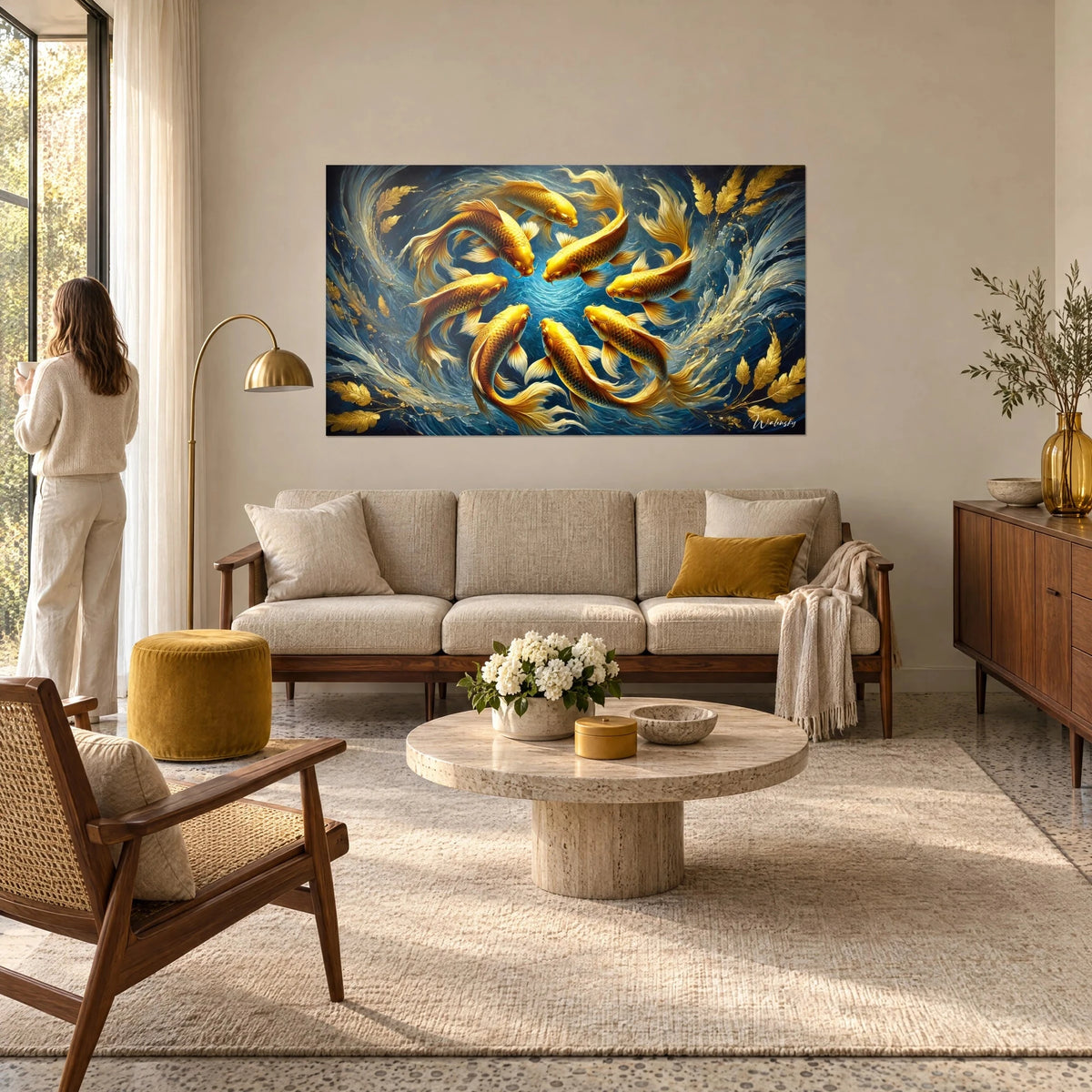Quadro sette carpe koi dorate che turbinano su fondo blu notte con foglia d'oro, donna di spalle, sopra un divano in un soggiorno luminoso