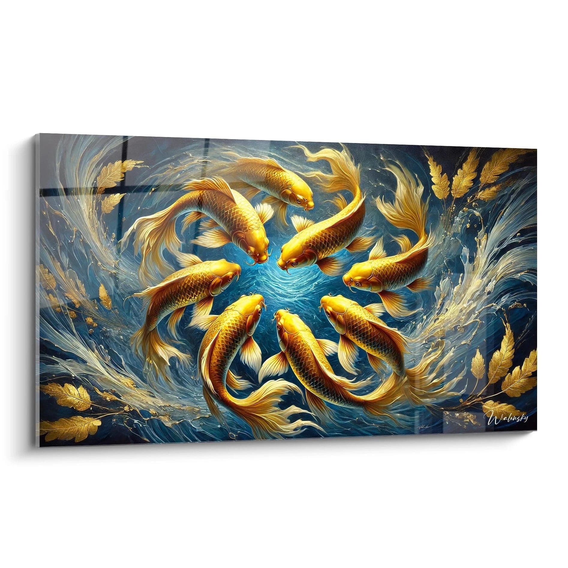 tableau poisson vue de biais capture le mouvement gracieux des poissons dorés dans un tourbillon d’eau. Le bleu profond en arrière-plan met en valeur leur beauté naturelle et crée une atmosphère paisible.