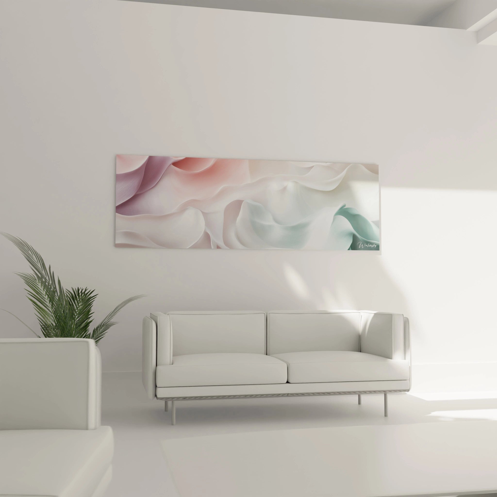 Tableau moderne abstrait Walensky avec des formes fluides et des couleurs douces decorant un salon minimaliste