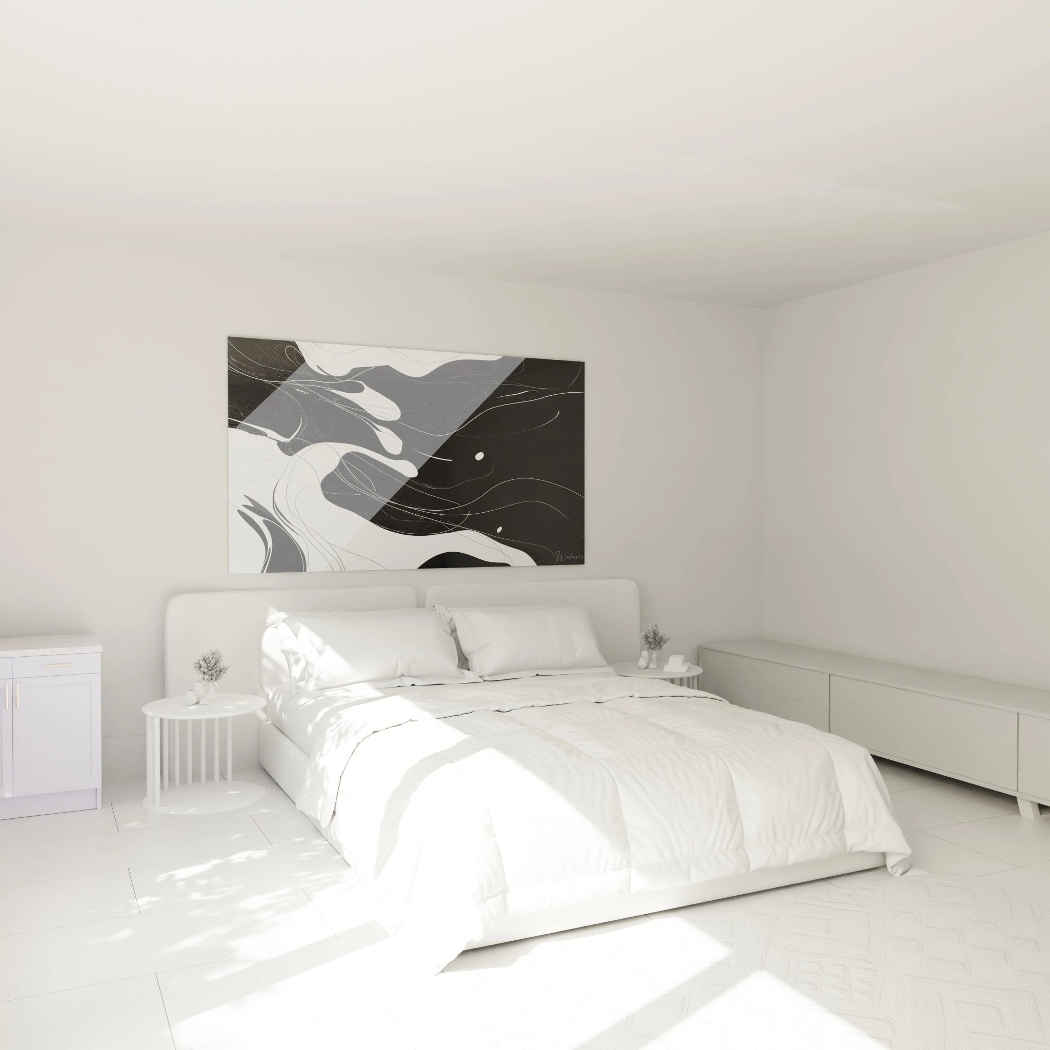 Un tableau rayures noir et blanc aux motifs abstraits évoquant un mouvement liquide. Les formes blanches semblent flotter sur le fond noir profond, créant une sensation de profondeur. Les contours organiques et les fines lignes blanches ajoutent une texture subtile à la composition épurée.