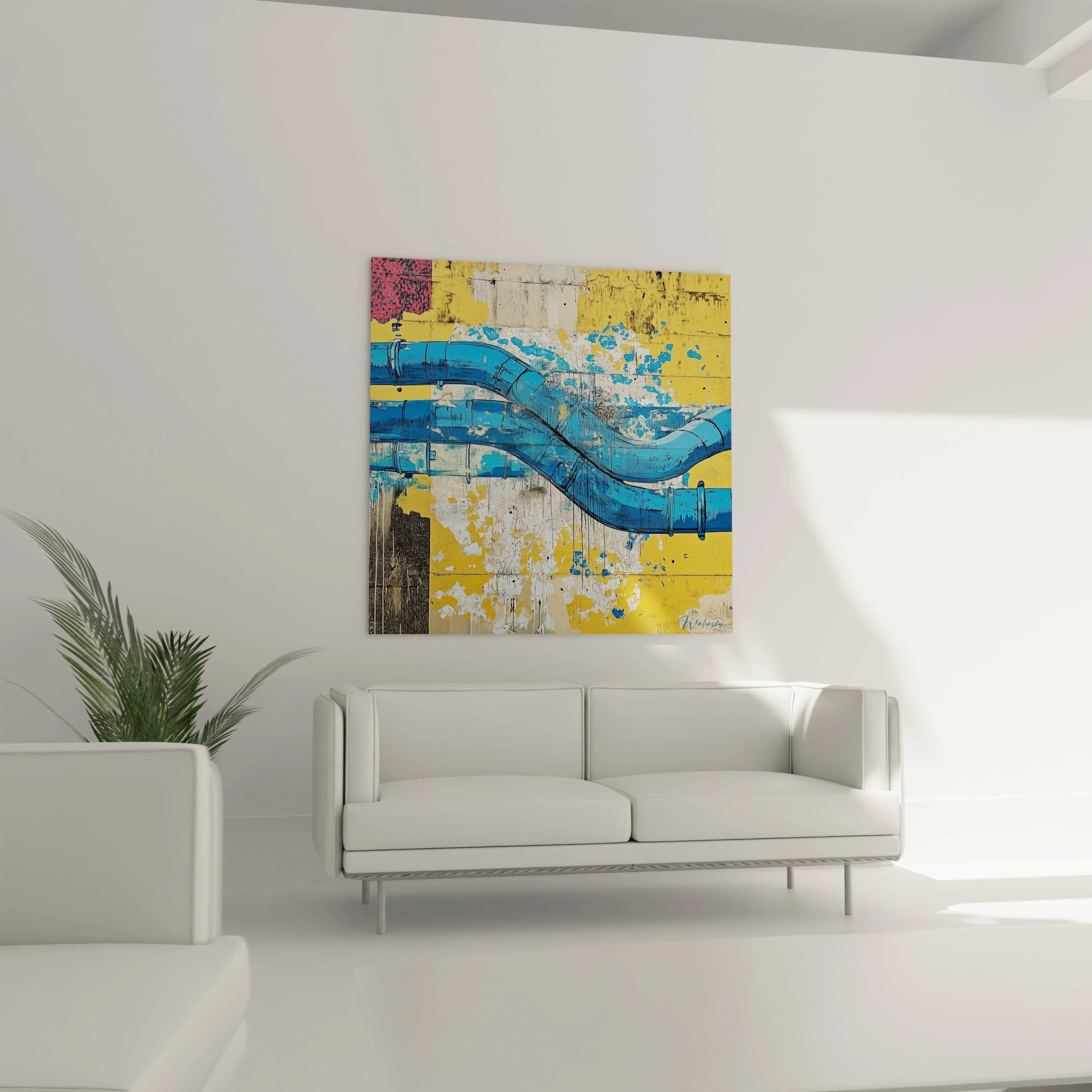 Un tableau de tuyauterie industrielle où des conduites bleues vives serpentent sur un fond jaune doré et blanc cassé, créant un contraste dynamique entre éléments techniques et surface texturée avec dripping et éclaboussures.