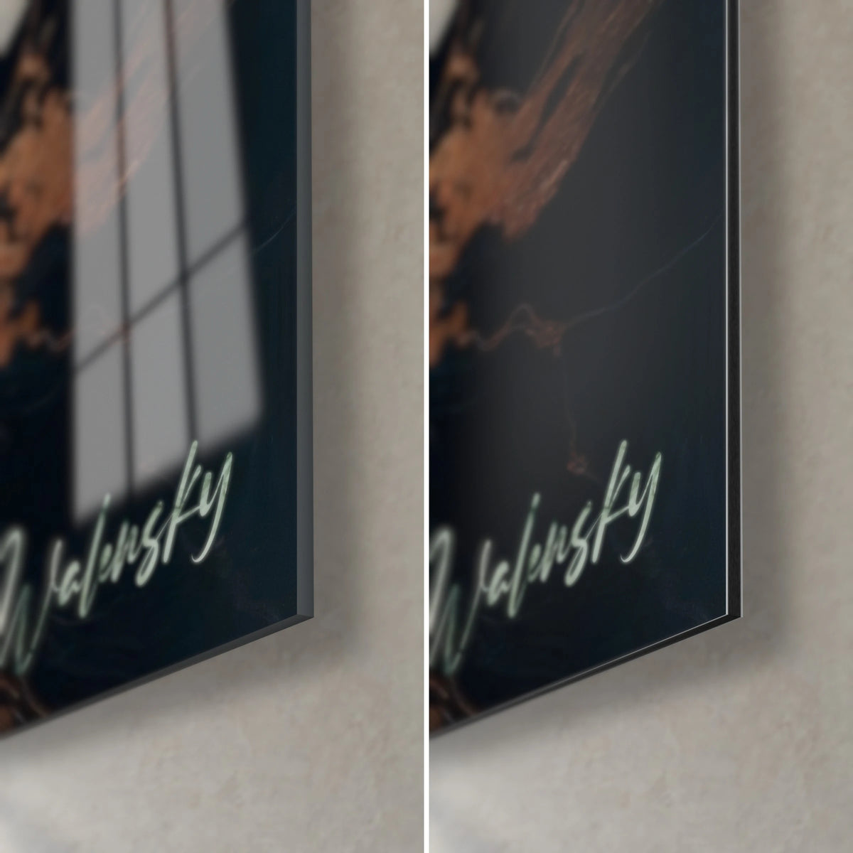 Wall art in black marble veined with copper, bottom right corner: glossy acrylic glass reflecting the window, matte Dibond aluminium and 3 mm edge