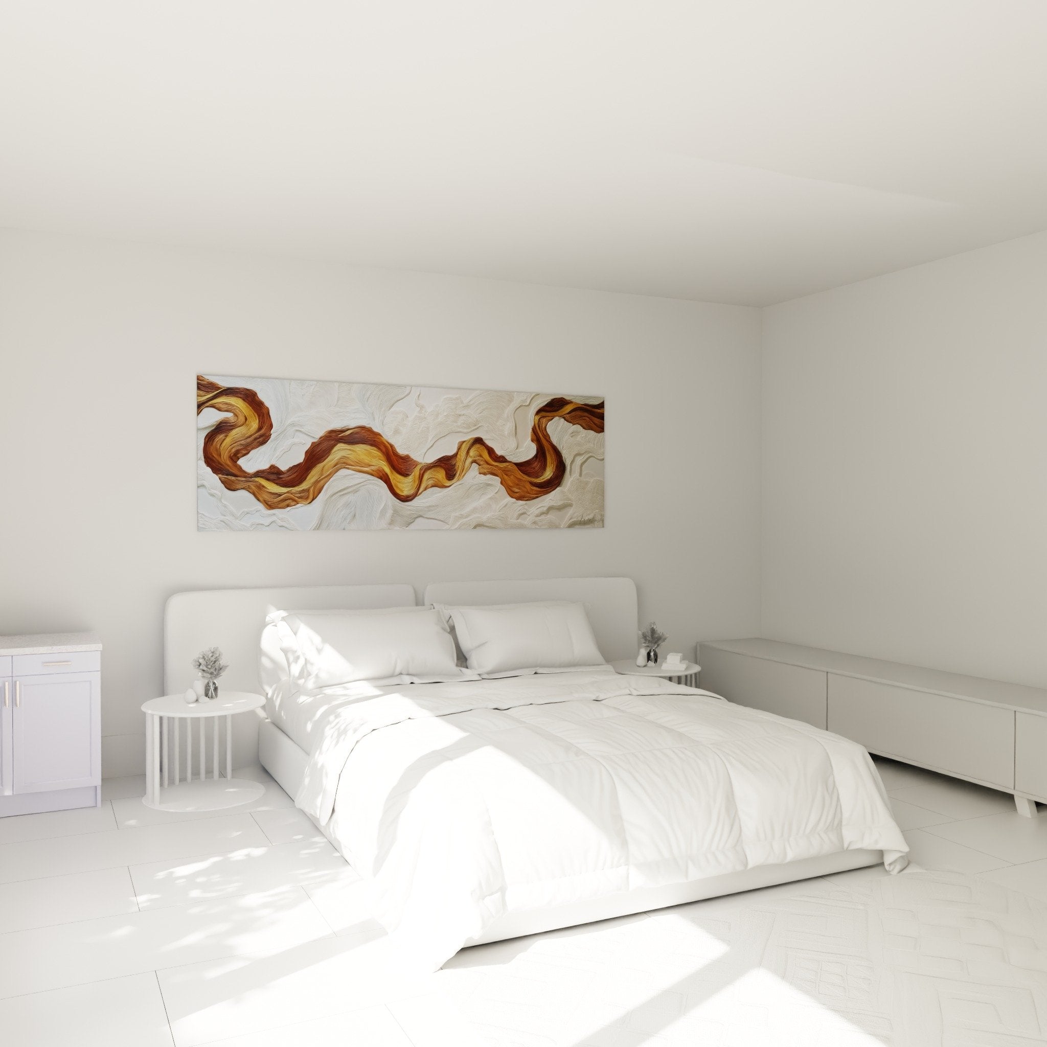 Tableau flux dorés dans chambre moderne - décoration murale apaisante tons ambrés et blancs style feng shui