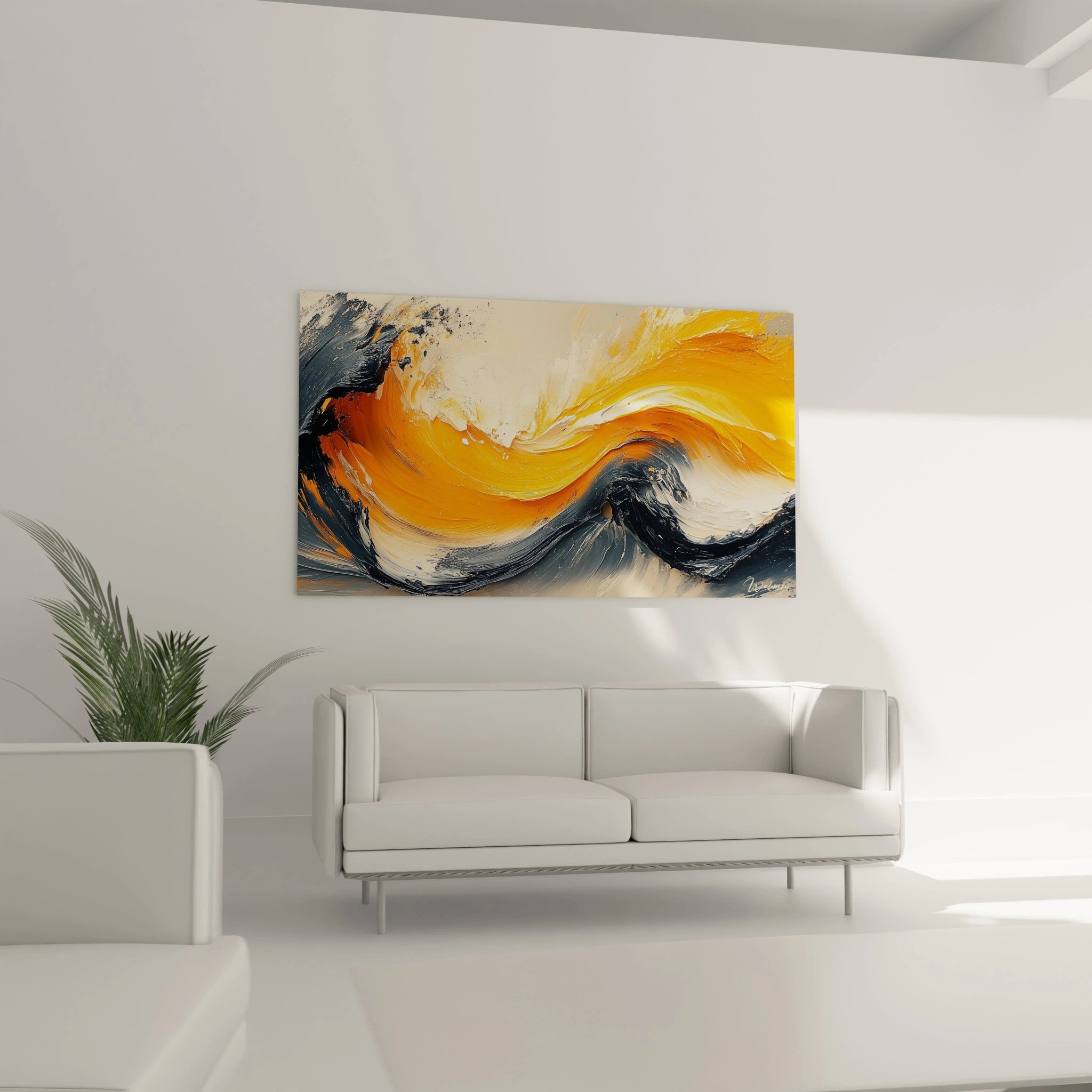 Tableau peinture abstrait Walensky en jaune et noir représentant des vagues dynamiques dans un salon moderne