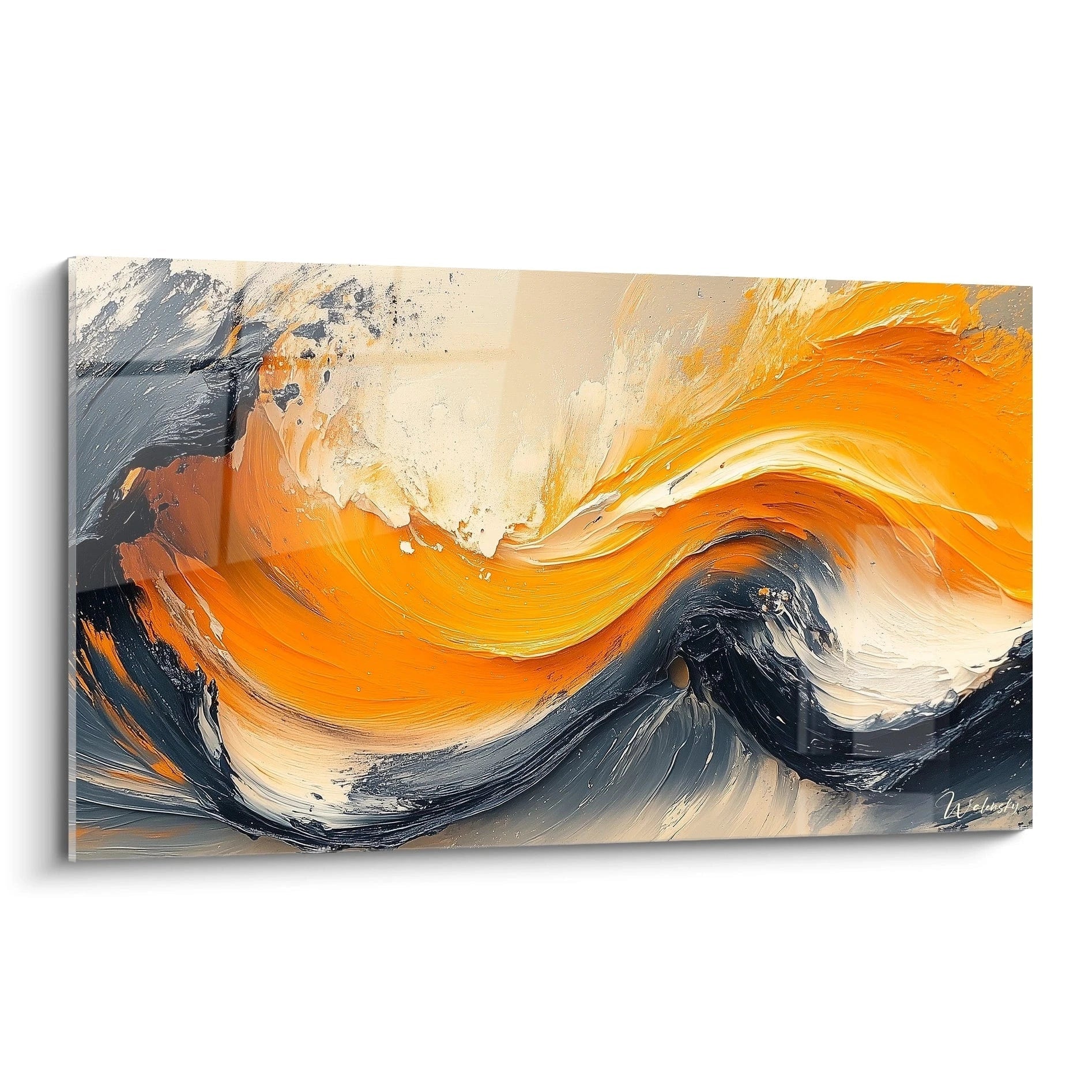 Tableau peinture abstrait Walensky avec des vagues d'orange et de noir sur fond clair