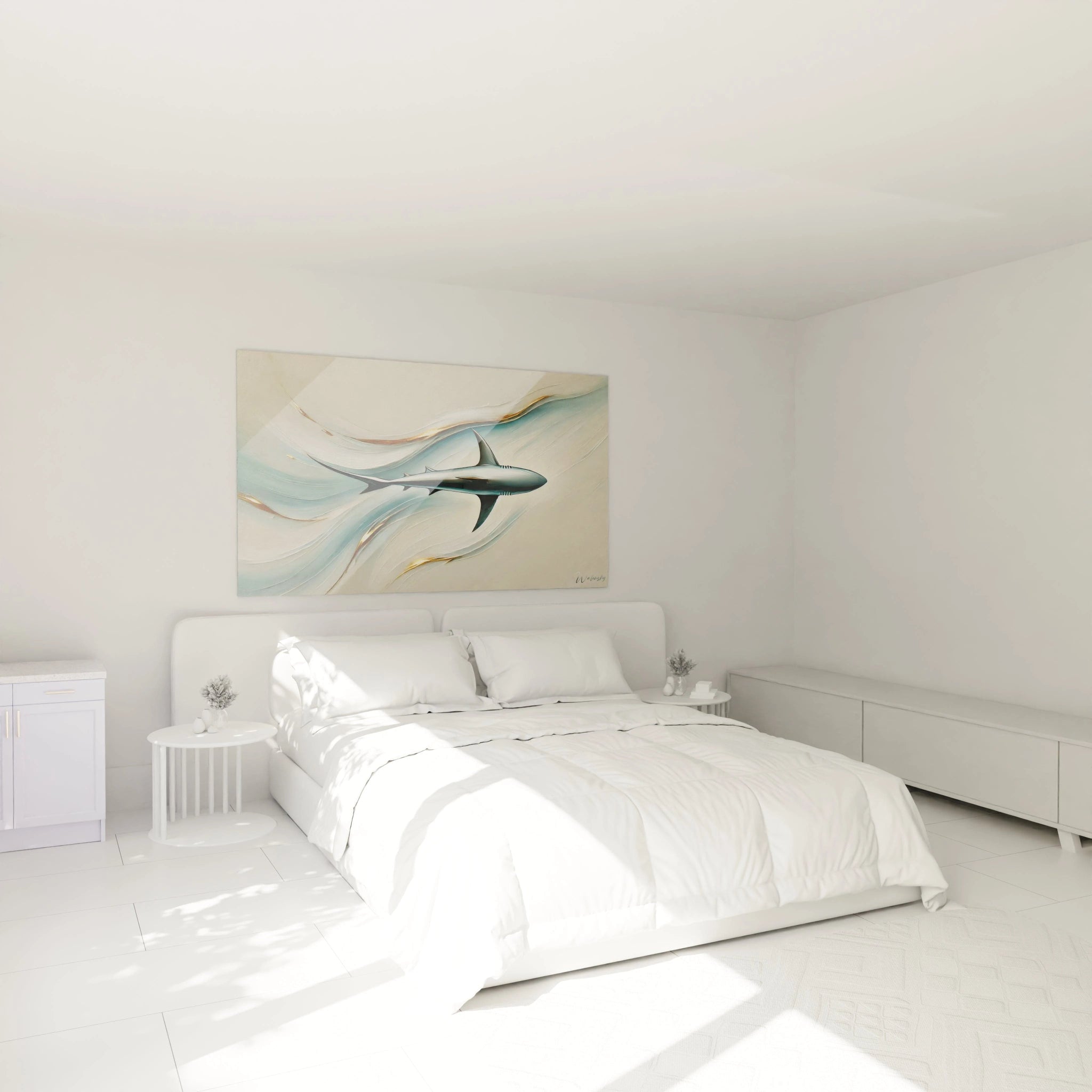 tableau requin suspendu dans une chambre au dessus du lit apportant une atmosphère apaisante grâce à son fond stylisé et ses vagues fluides parfait pour une décoration élégante et contemporaine