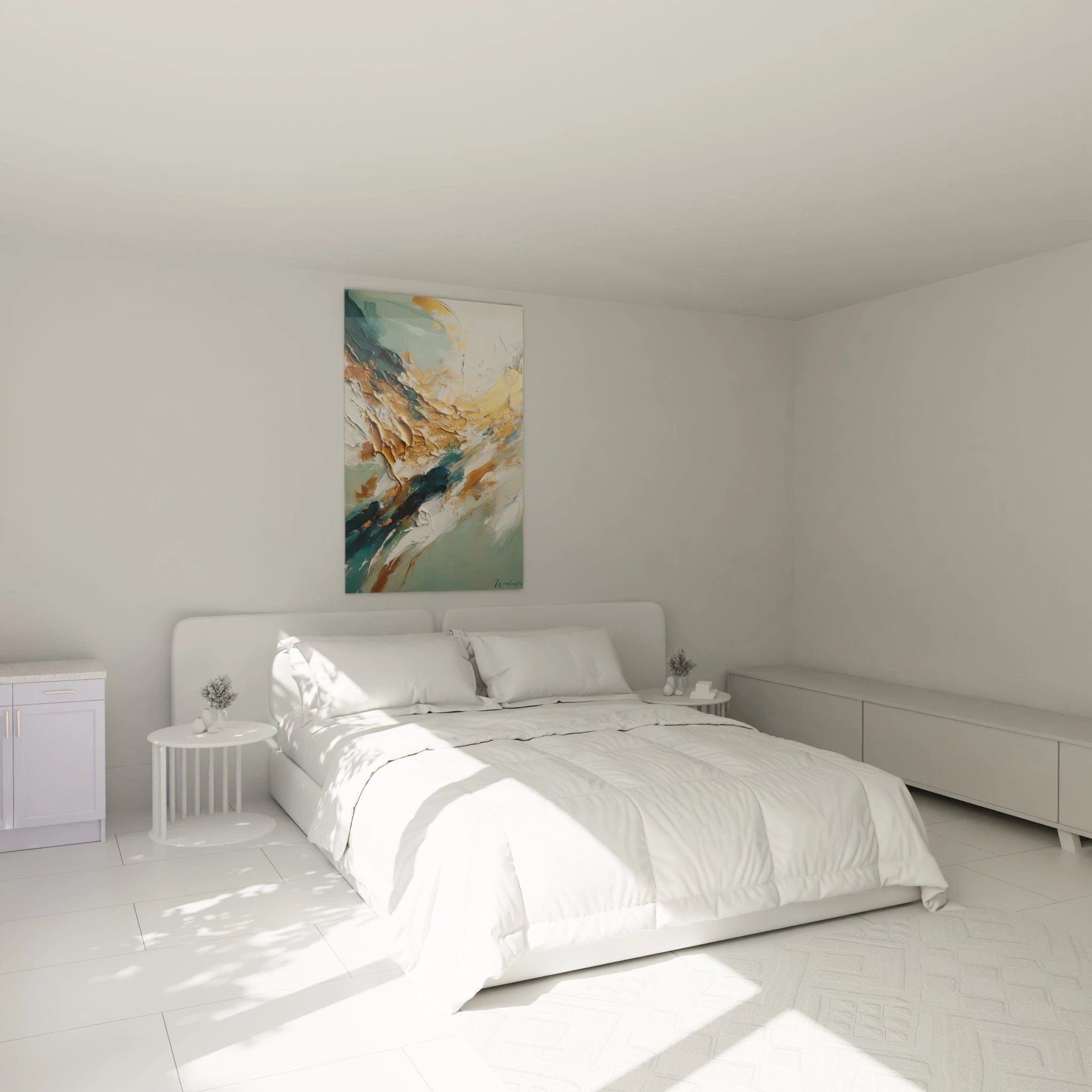 Tableau abstrait caractérisé par des aplats texturés de peinture blanche, teal et dorée. La composition montre des mouvements diagonaux avec des empâtements épais et des surfaces craquelées où l'or métallique contraste avec les tons pastel.