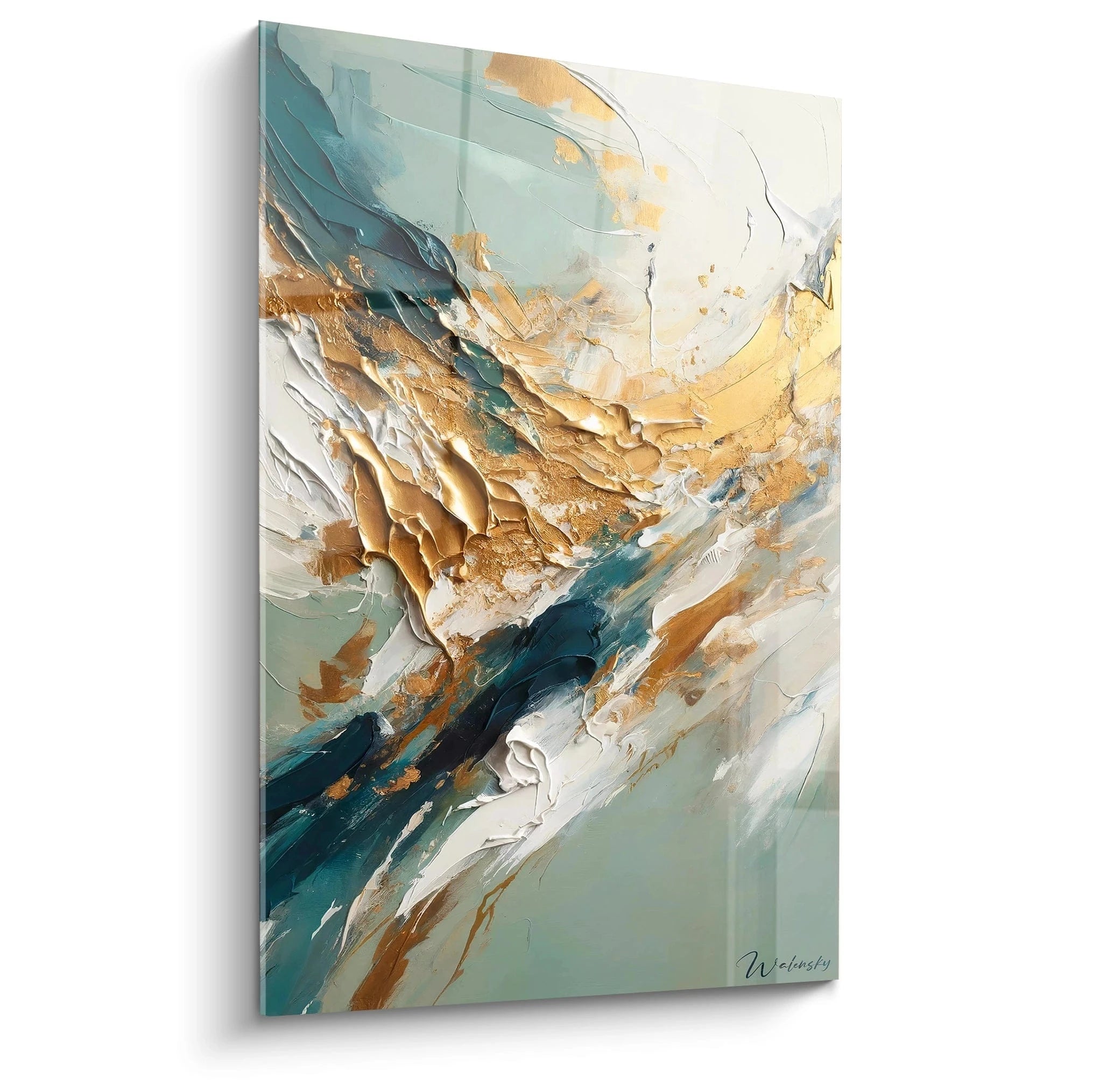 Tableau abstrait présentant un mélange dynamique de peinture épaisse en teintes turquoise, or et blanc. Les couches superposées créent des reliefs prononcés avec des traces de spatule visibles et des éclaboussures dorées sur fond clair.