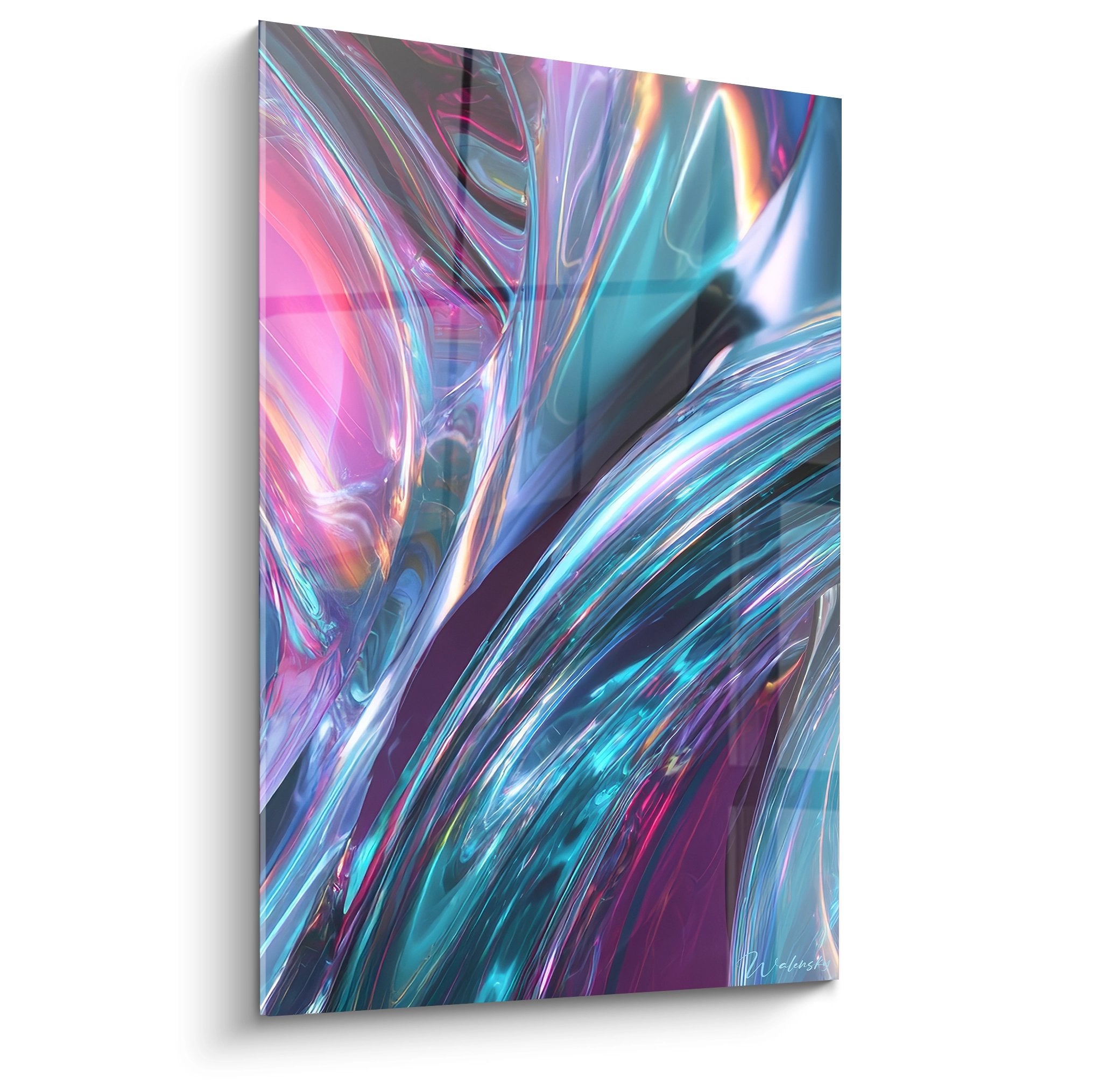 Tableau mural flux métallique holographique aux reflets irisés cyan et magenta futurisme abstrait