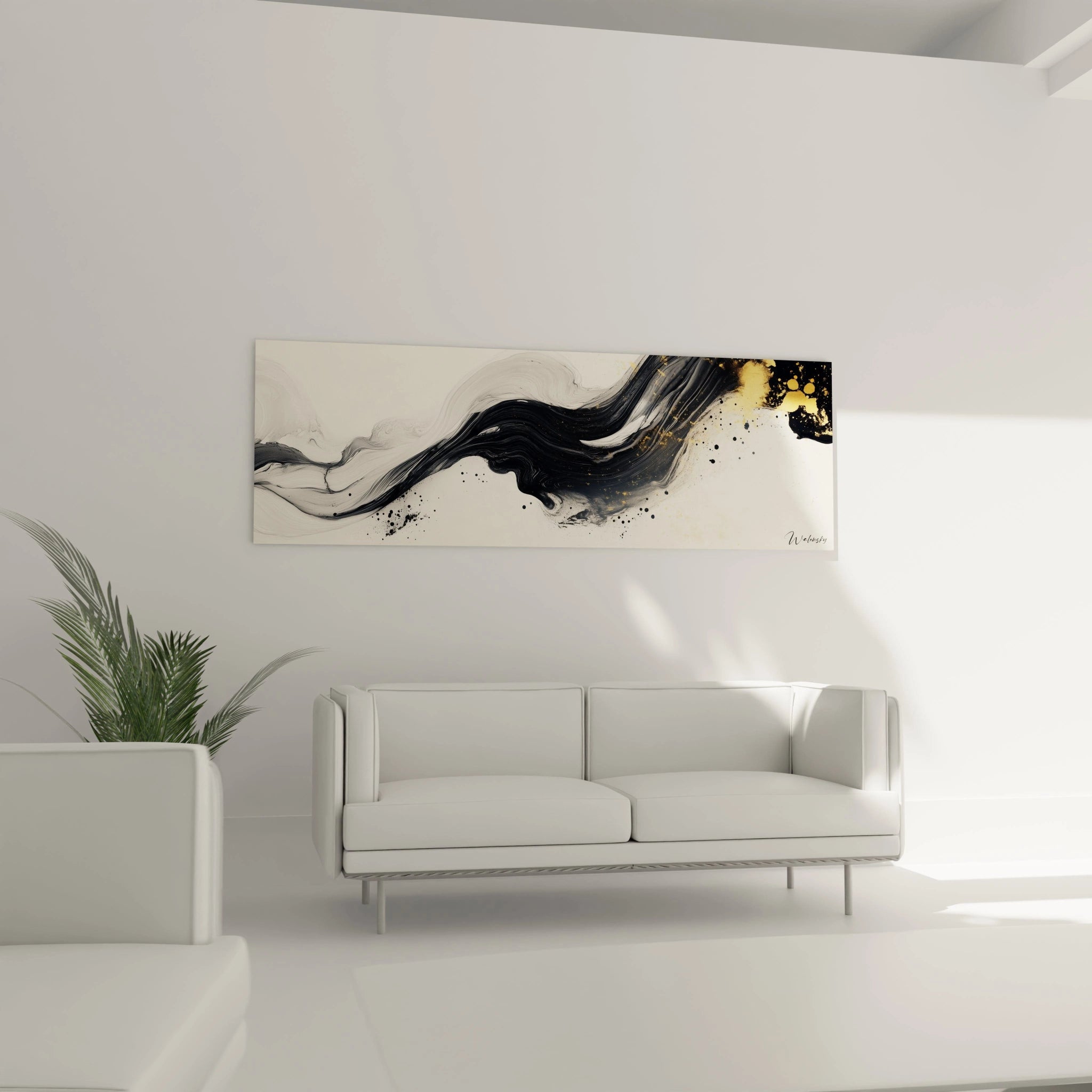 Tableau minimaliste abstrait Walensky en noir et or, parfait pour décorer un salon moderne