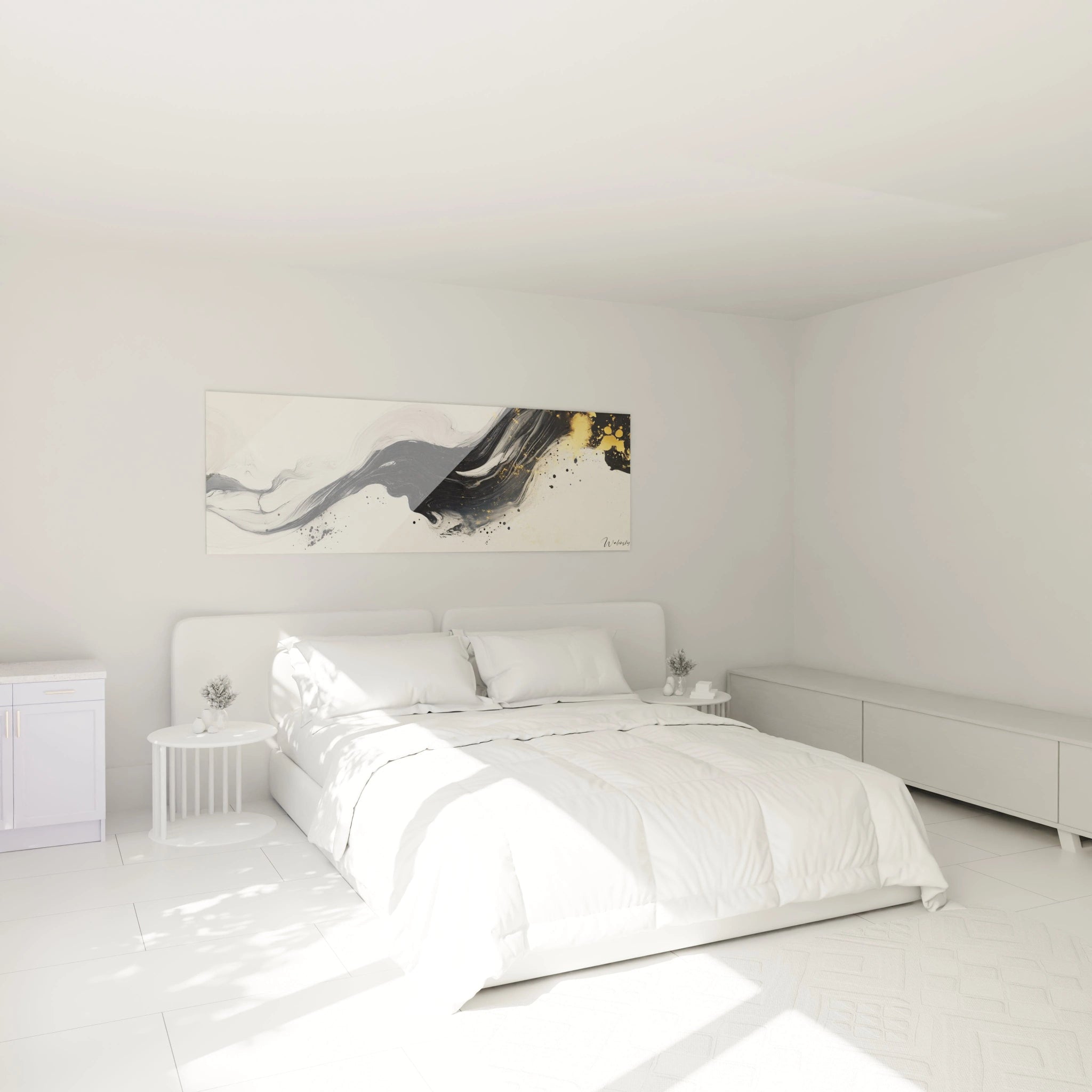 Tableau minimaliste abstrait de Walensky avec des touches de noir et d'or pour décorer une chambre moderne